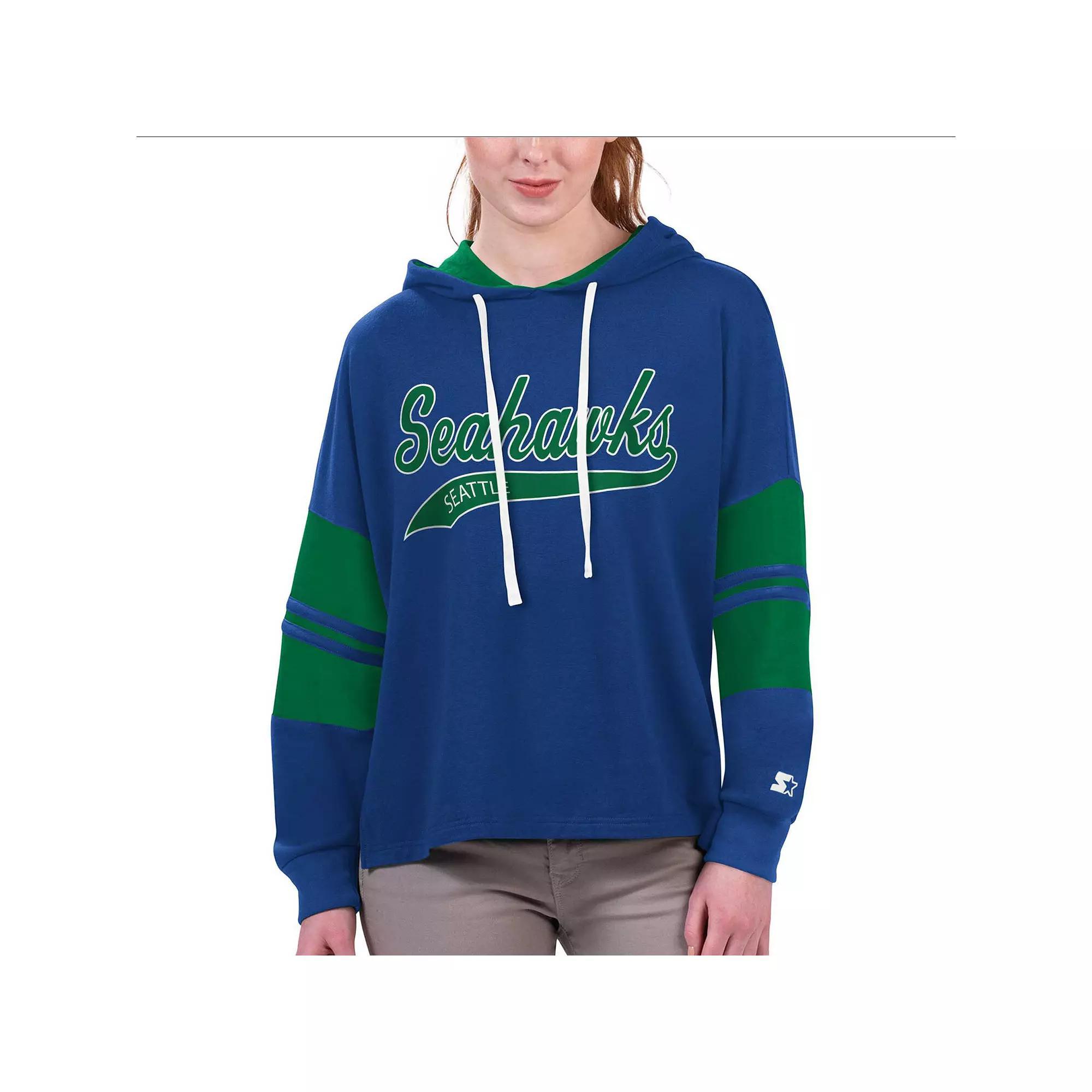 Women's Starter Royal Seattle Seahawks Bump And Run Long Sleeve Hoodie T-Shirt, Size: Medium, Blue Product Image