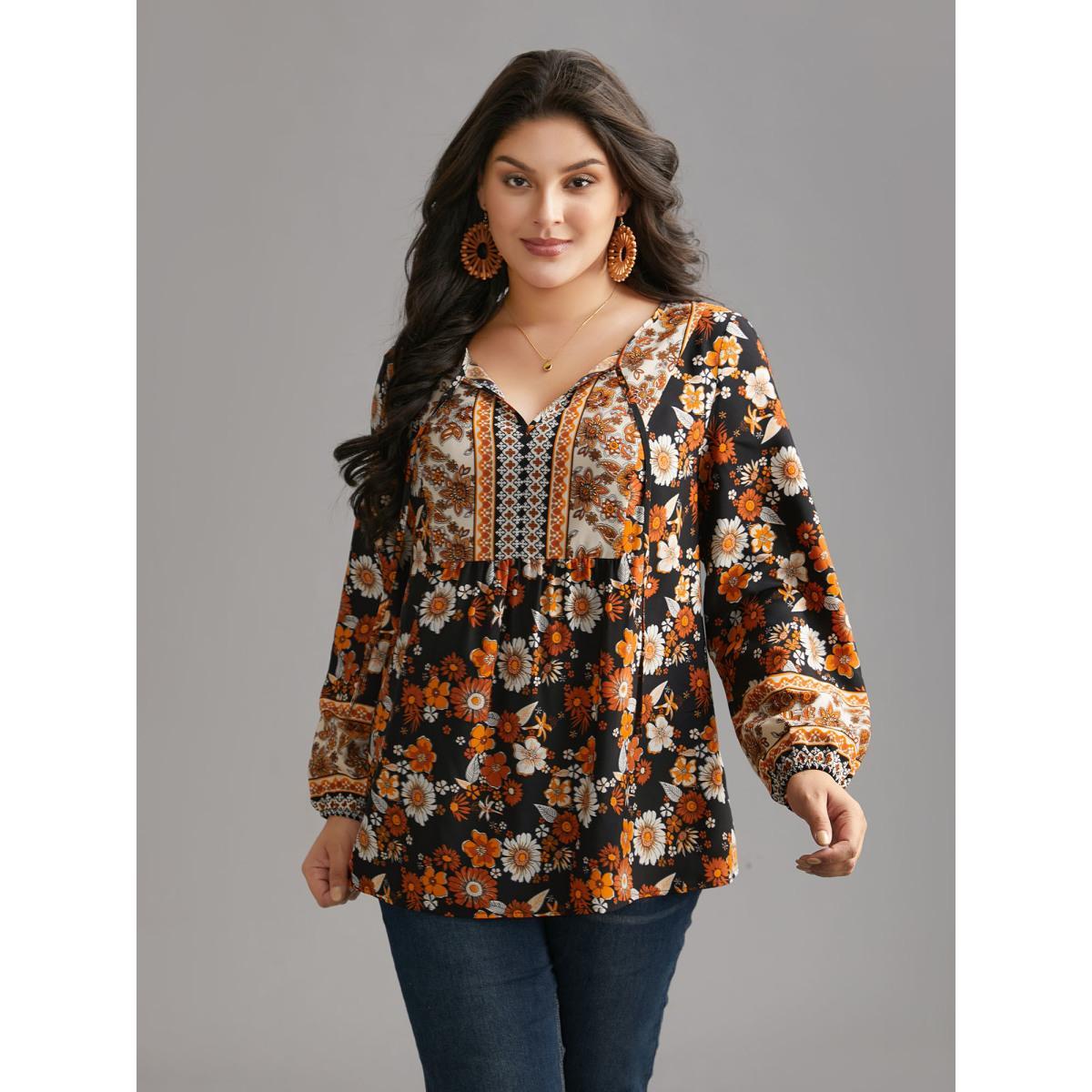 Plus Size Black Boho Print Tie Knot Lantern Sleeve Blouse Women Resort Long Sleeve Notched collar Vacation Blouses BloomChic 28/5X Product Image