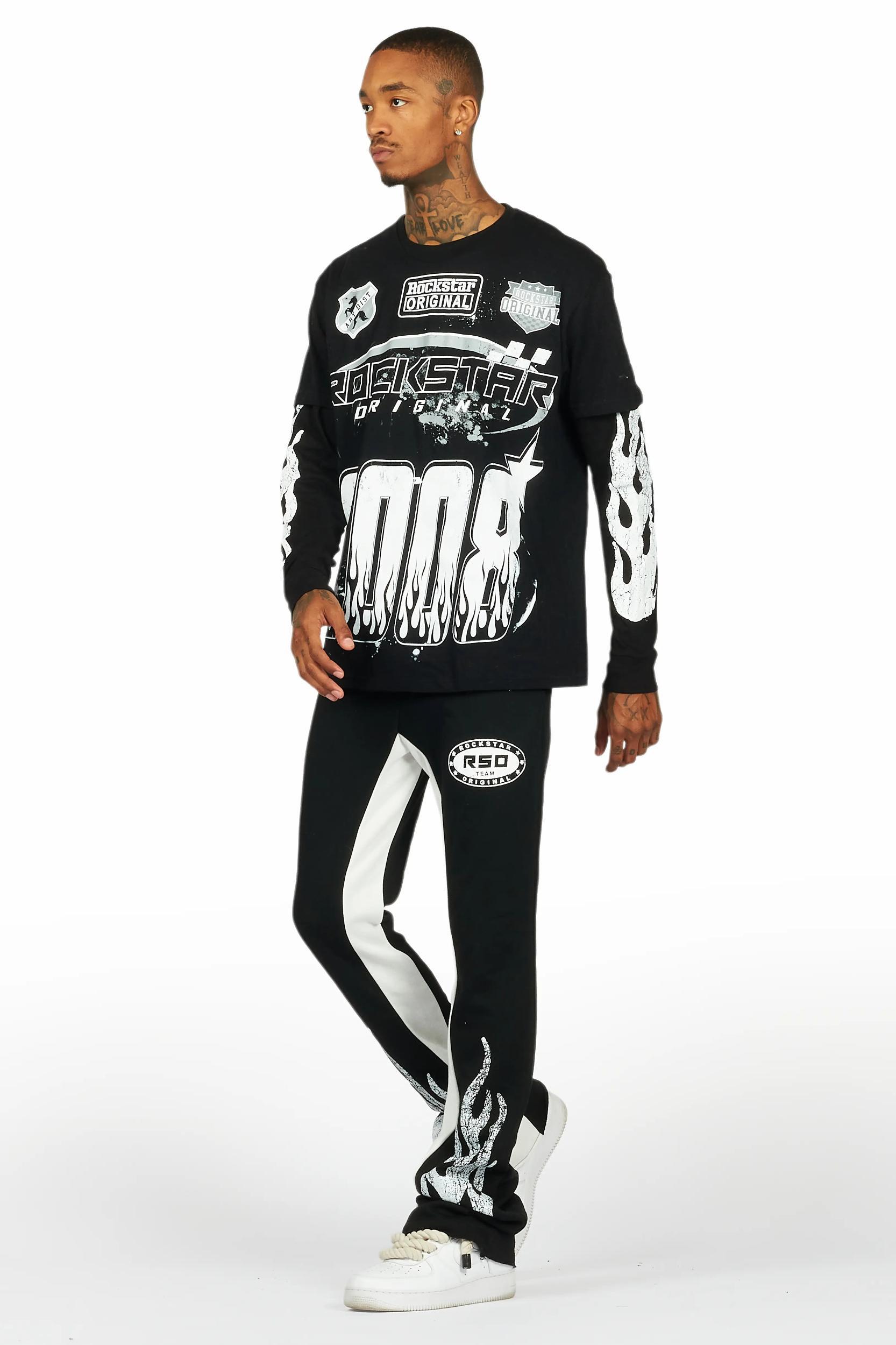 Amos Black Double Layer T-Shirt/Stacked Baggy Pant Set Male Product Image