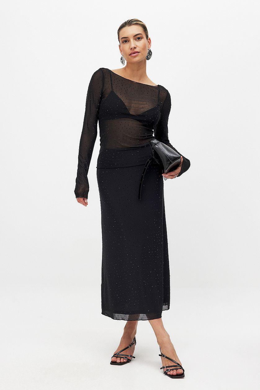 Rhinestone Mesh Midi Skirt Product Image