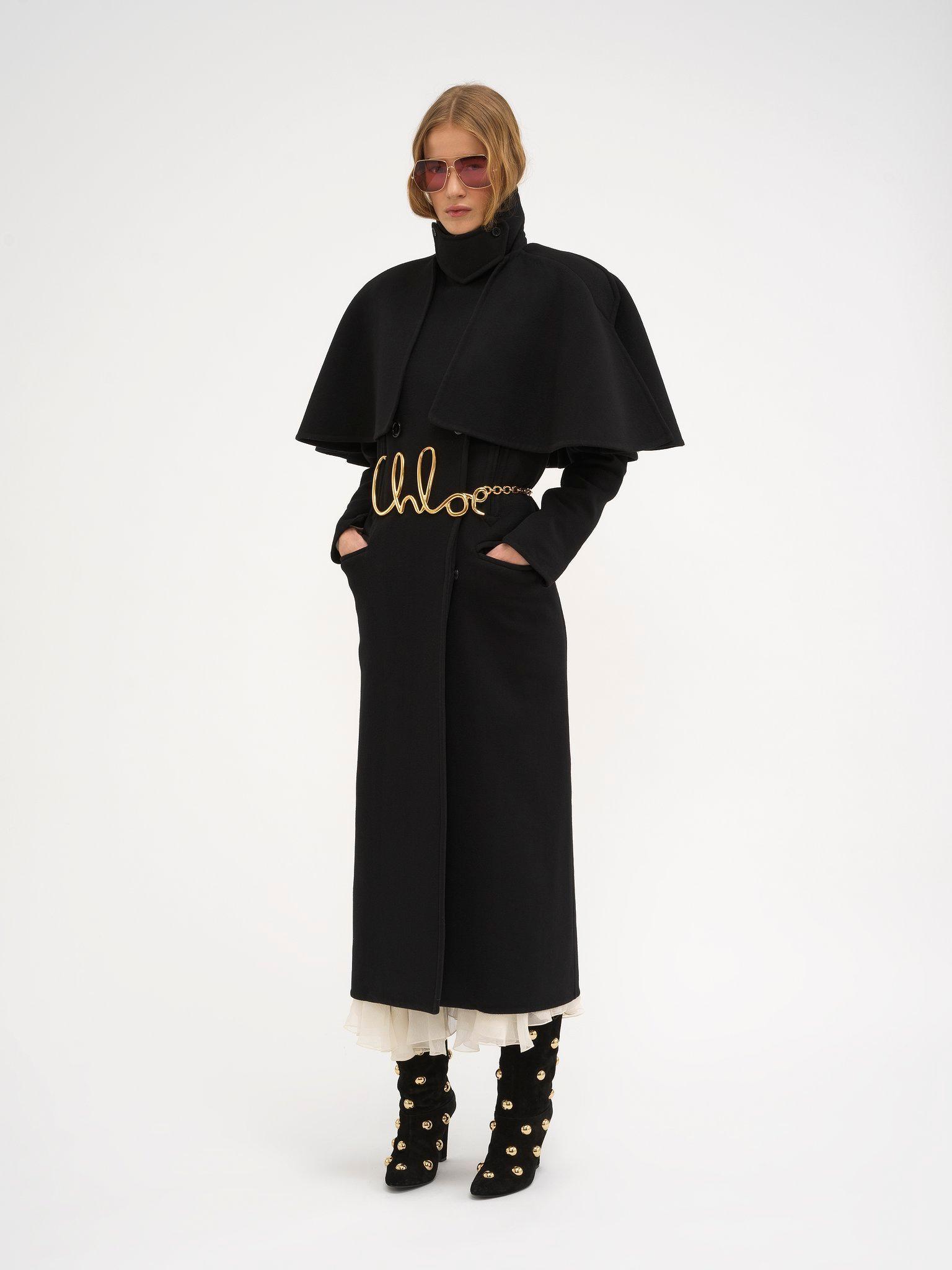 Long coat in double-face wool with cape Product Image