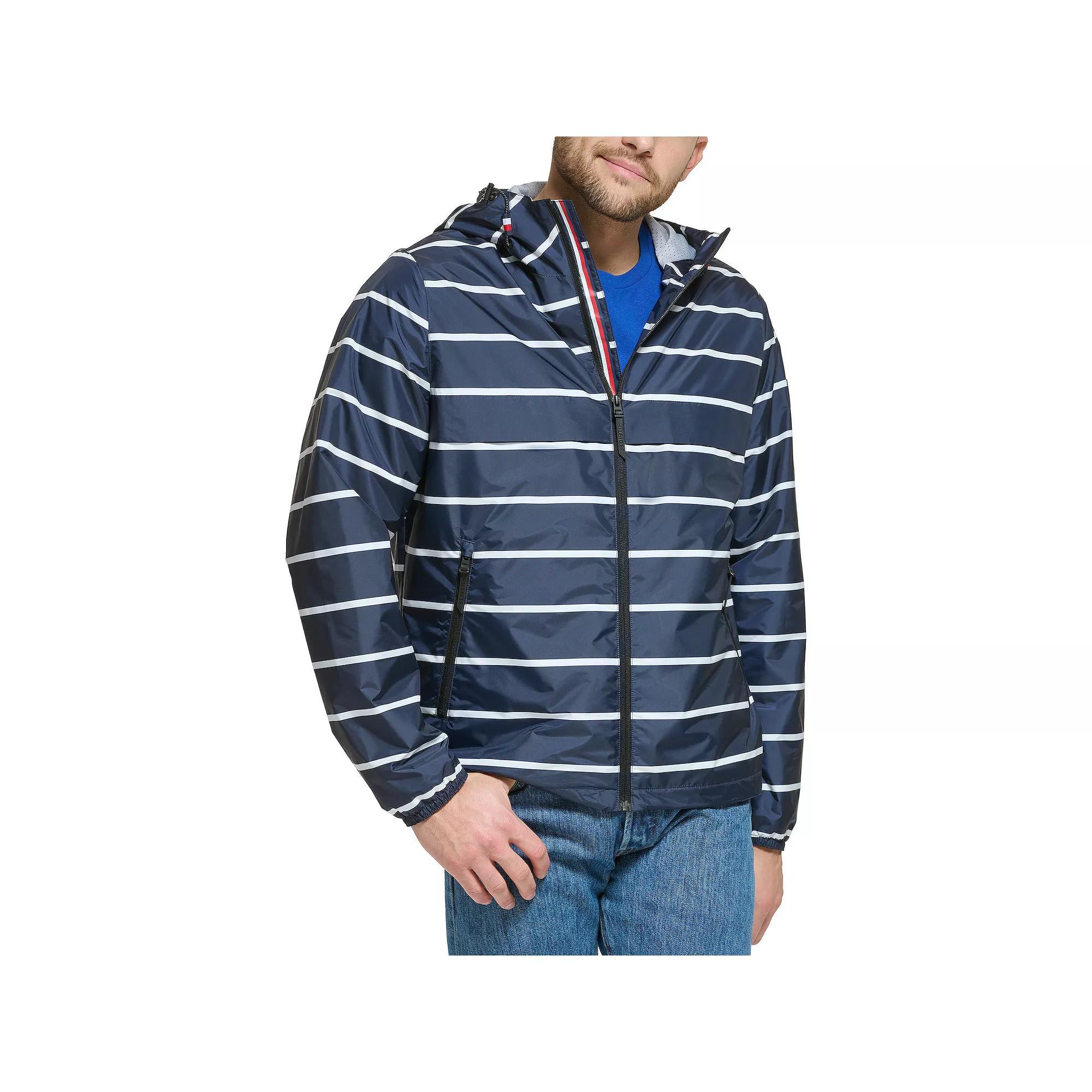Men's Tommy Hilfiger Logo Patch Hooded Rain Jacket, Size: Medium, Blue Stripe Product Image