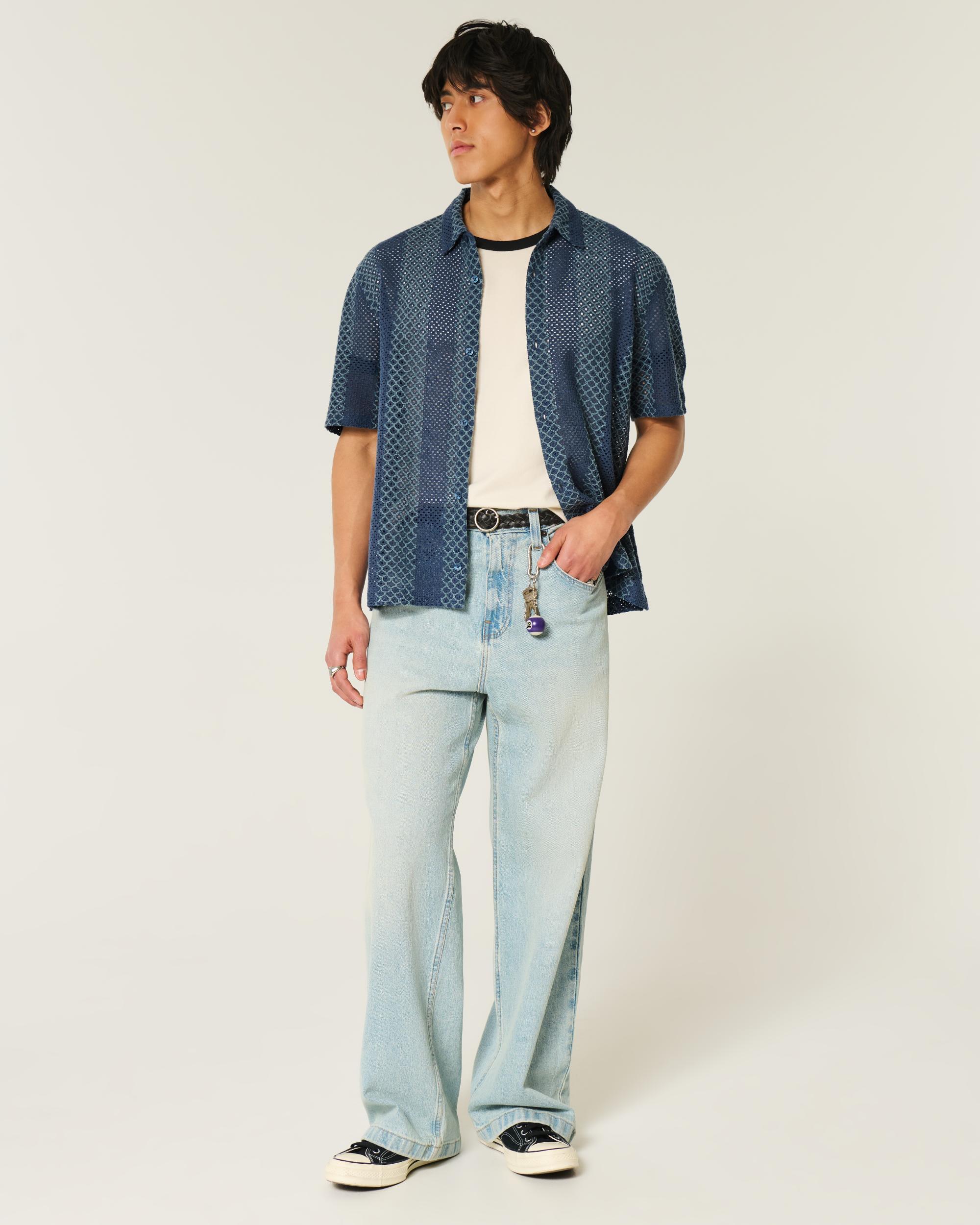 Boxy Short-Sleeve Crochet-Style Shirt Product Image