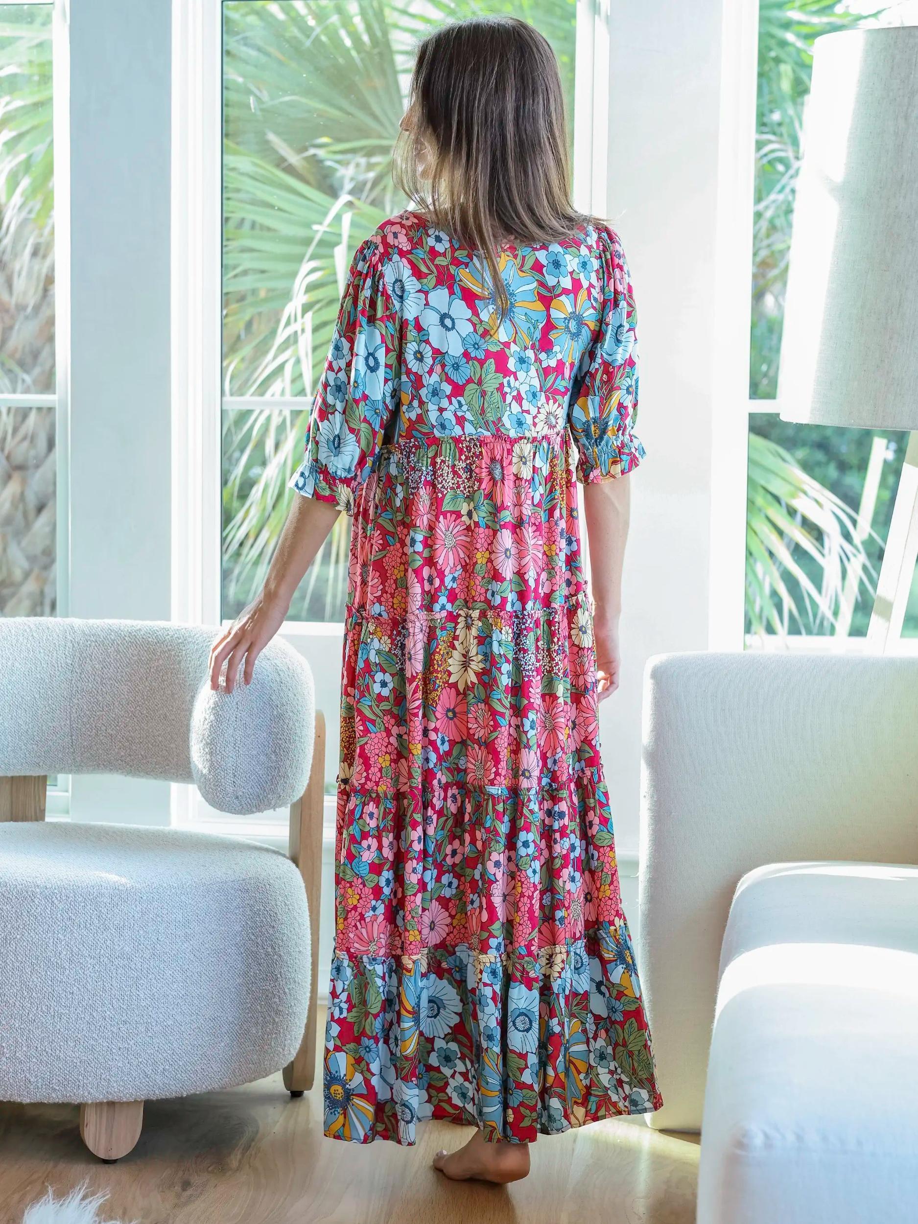 Collette Tiered Maxi Dress - Blue Red Floral Product Image