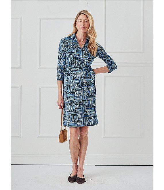 J.McLaughlin Brynn Abstract Printed Knit Point Collar 3/4 Sleeve Button Front Shirt Dress Product Image