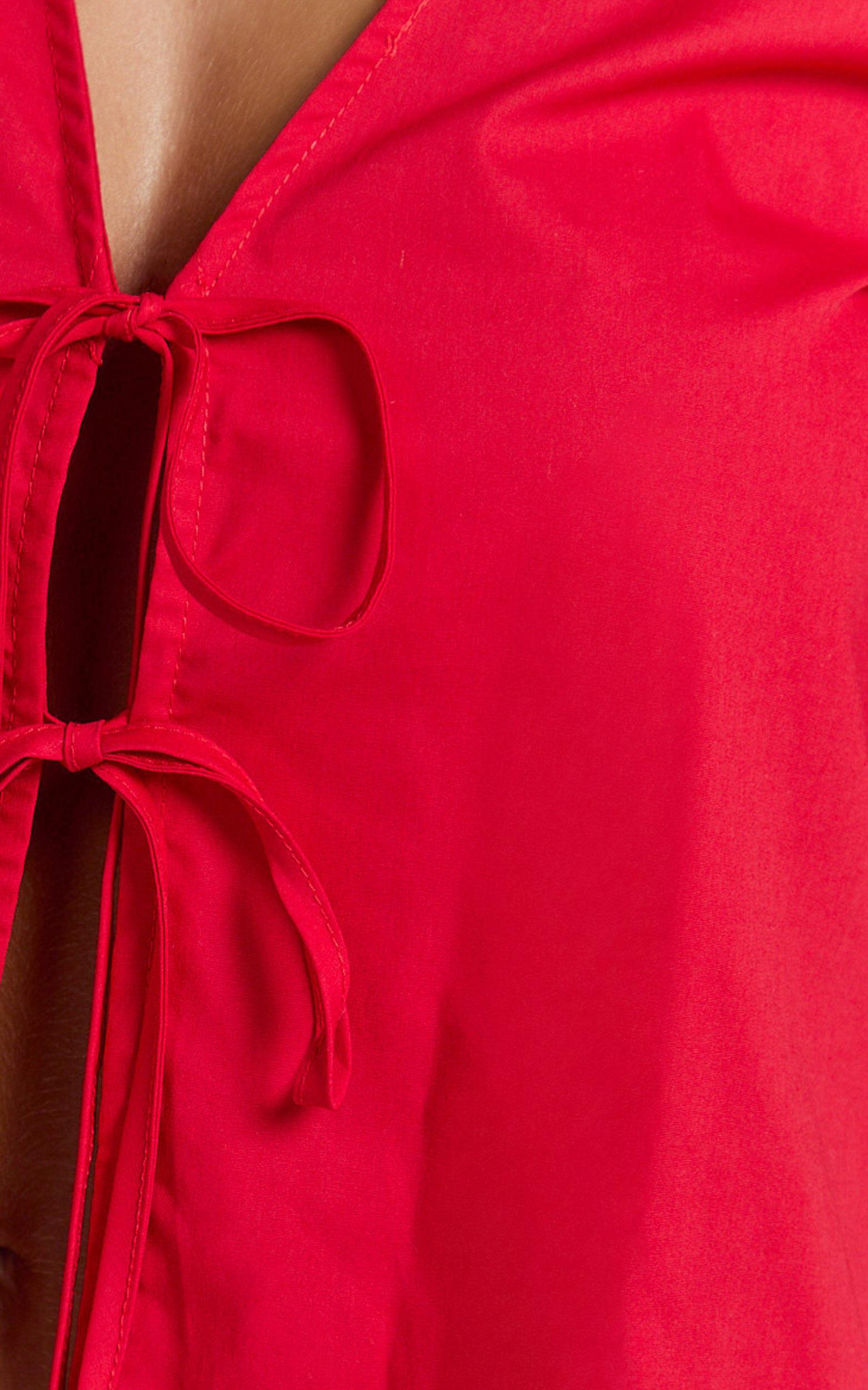 Dana Top - Bow Tie Front Puff Sleeve Blouse in Red Product Image