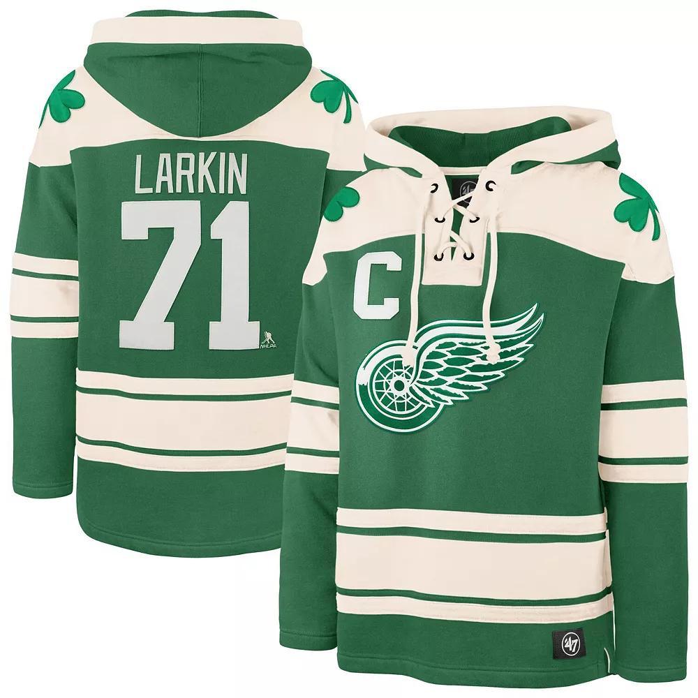 Men's '47 Dylan Larkin Kelly Green Detroit Red Wings St. Patrick's Day Player Name & Number Lacer Pullover Hoodie,  Product Image