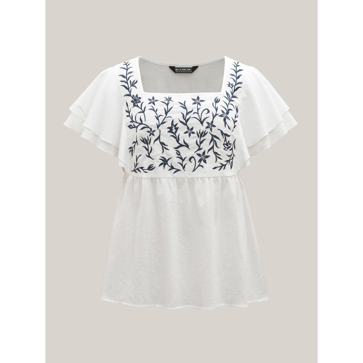 Plus Size Originalwhite Embroidered Layered Flutter Sleeve Blouse Women Resort Cap Sleeve Square Neck Vacation Blouses BloomChic 12/L Product Image