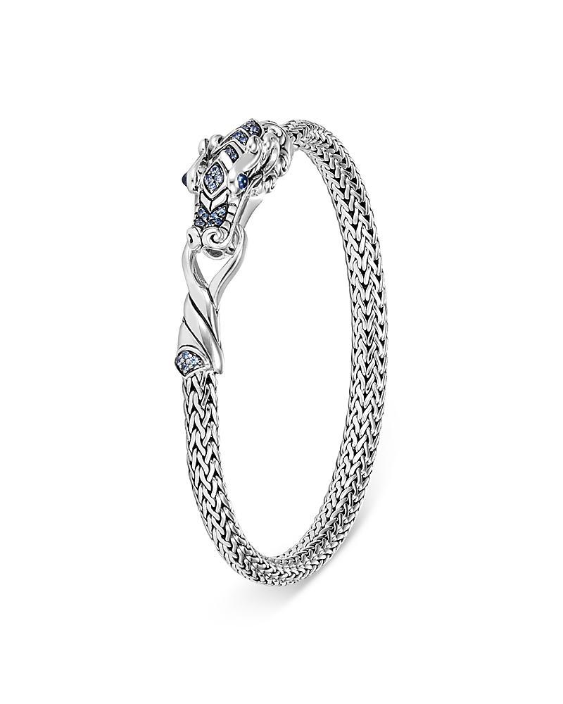 Womens Naga Dragon Silver & Blue Sapphire Double Dragon Head Slim Chain Bracelet Product Image