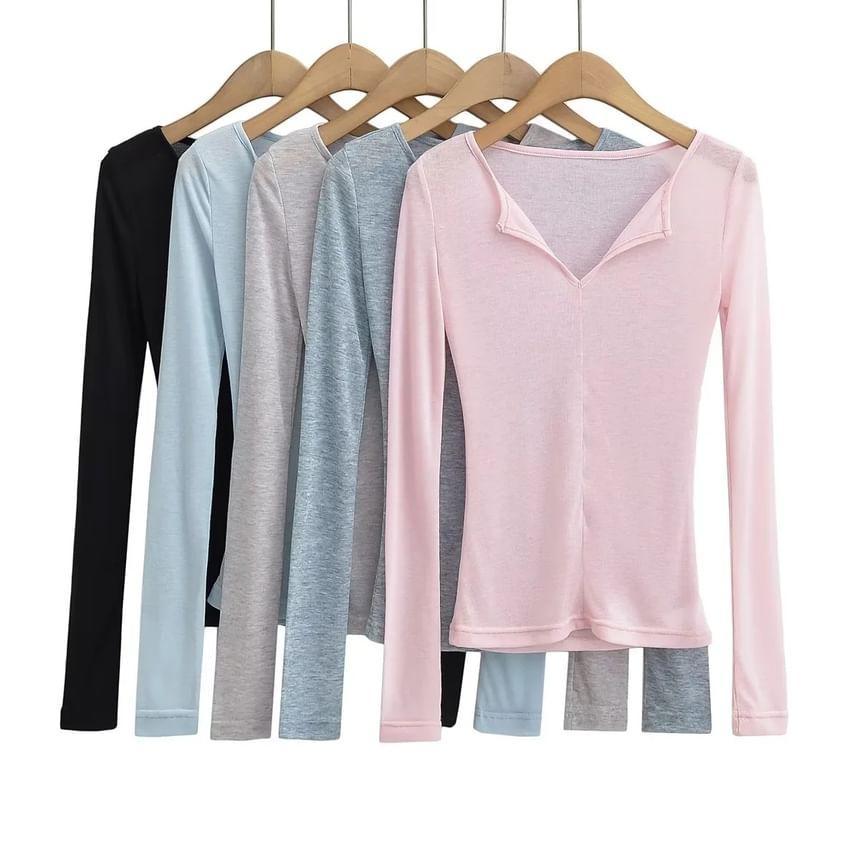 Long Sleeve Notch Neck Plain T-Shirt Product Image