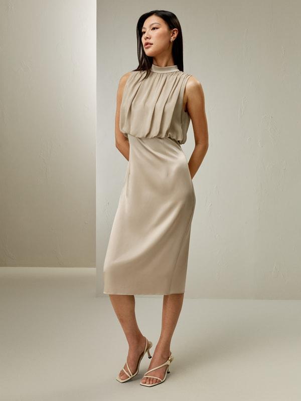 Pleated Sleeveless Midi Silk Dress Product Image
