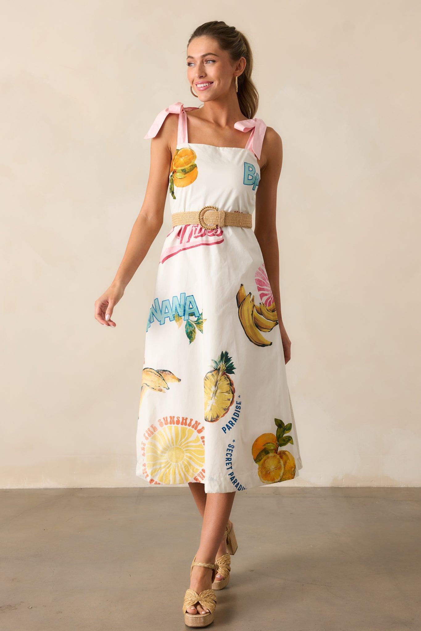 Take A Chance Cotton Ivory Tropical Fruit Print Midi Dress Product Image