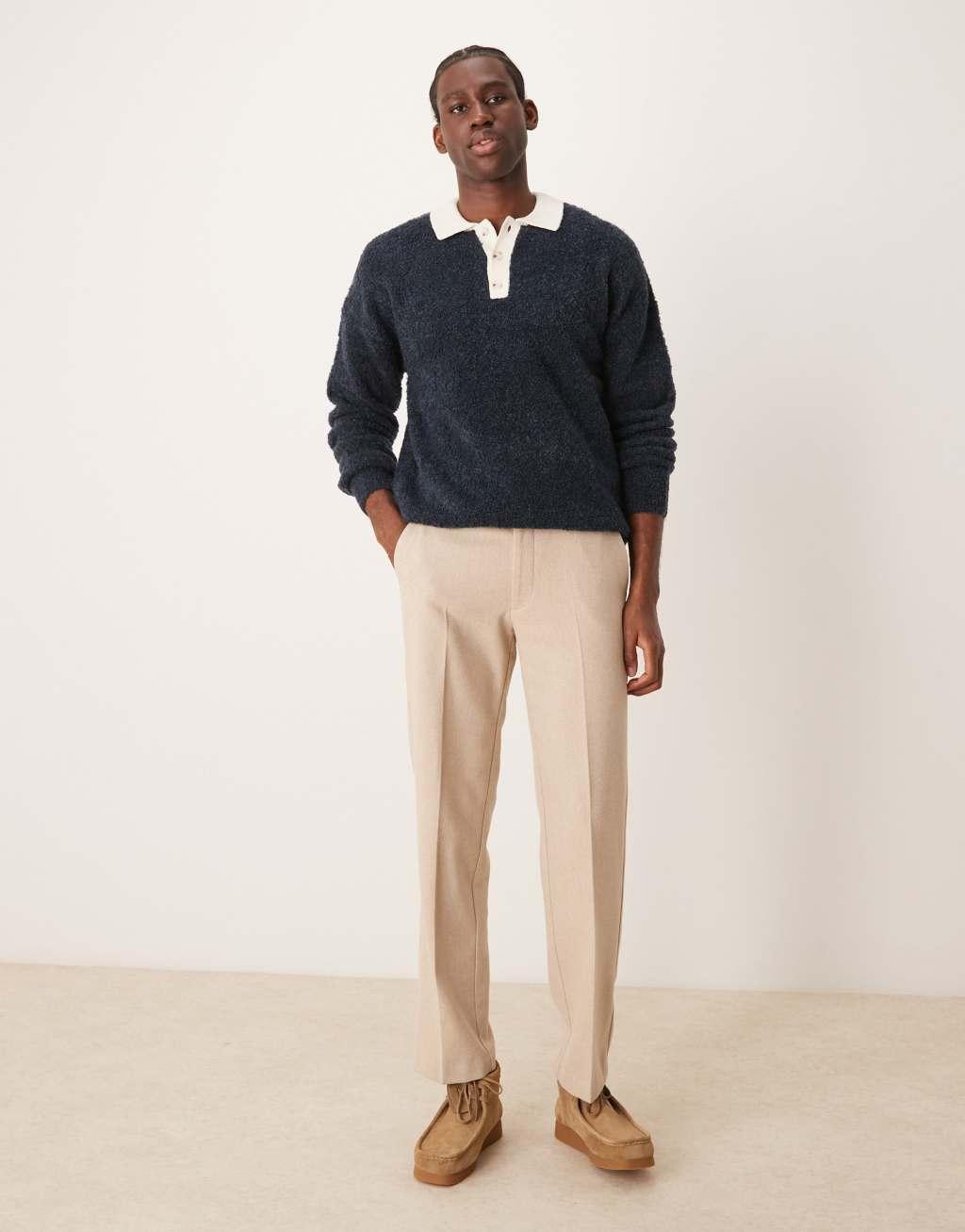 ASOS DESIGN knit relaxed rugby textured polo sweater in navy Product Image