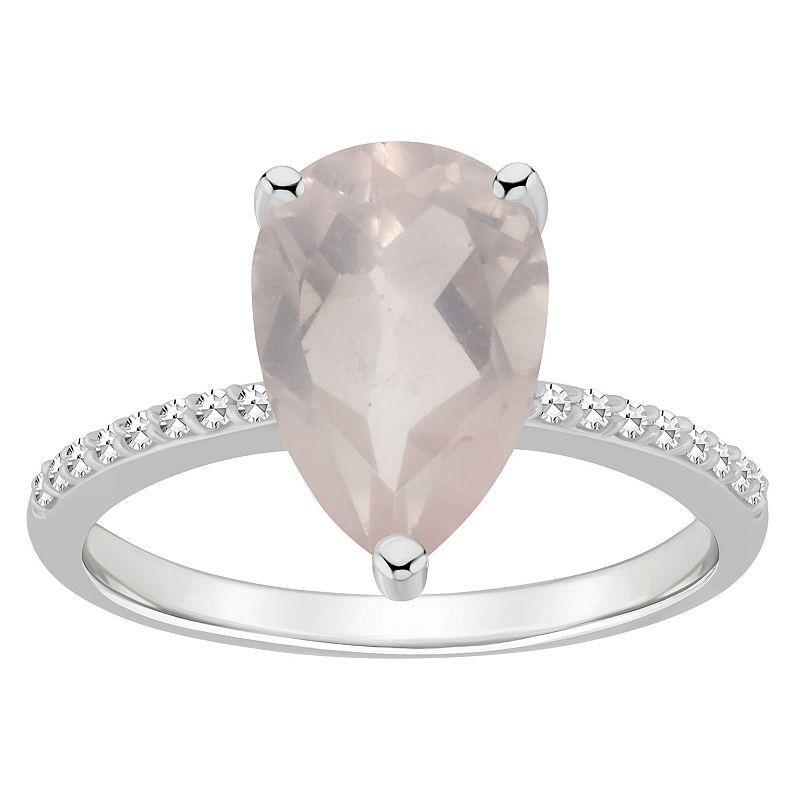 Alyson Layne Sterling Silver 10 mm x 8 mm Pear Shape Gemstone & 1/10 Carat T.W. Diamond Ring, Women's, Size: 6, Pink Quartz Product Image