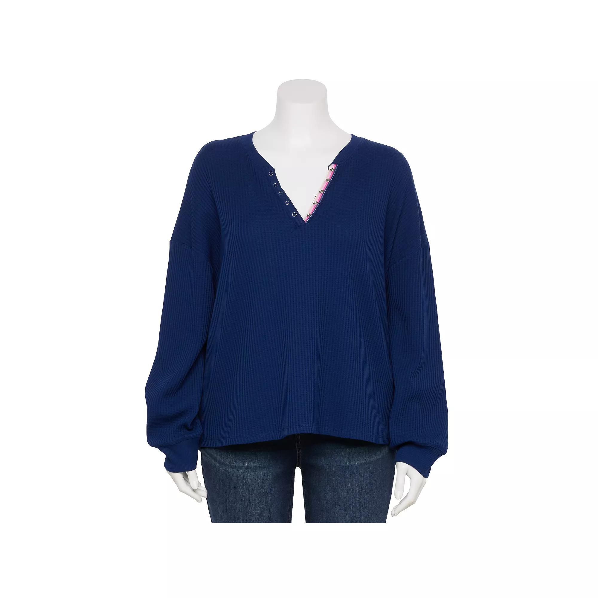 Plus Size Sonoma Goods For Life® Relaxed Waffle Knit Henley, Women's, Size: 3XL, Blue Beauty Product Image