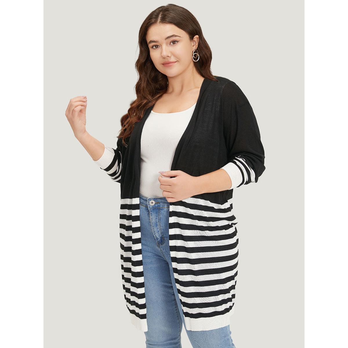 Plus Size Supersoft Essentials Striped Open Front Cardigan Black Women Casual Loose Long Sleeve Dailywear Cardigans BloomChic 28/5X Product Image