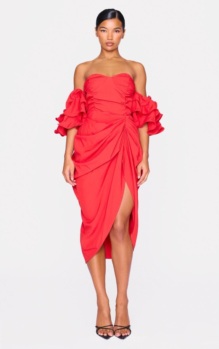 Red Bardot Frill Sleeve Draped Midi Dress Product Image