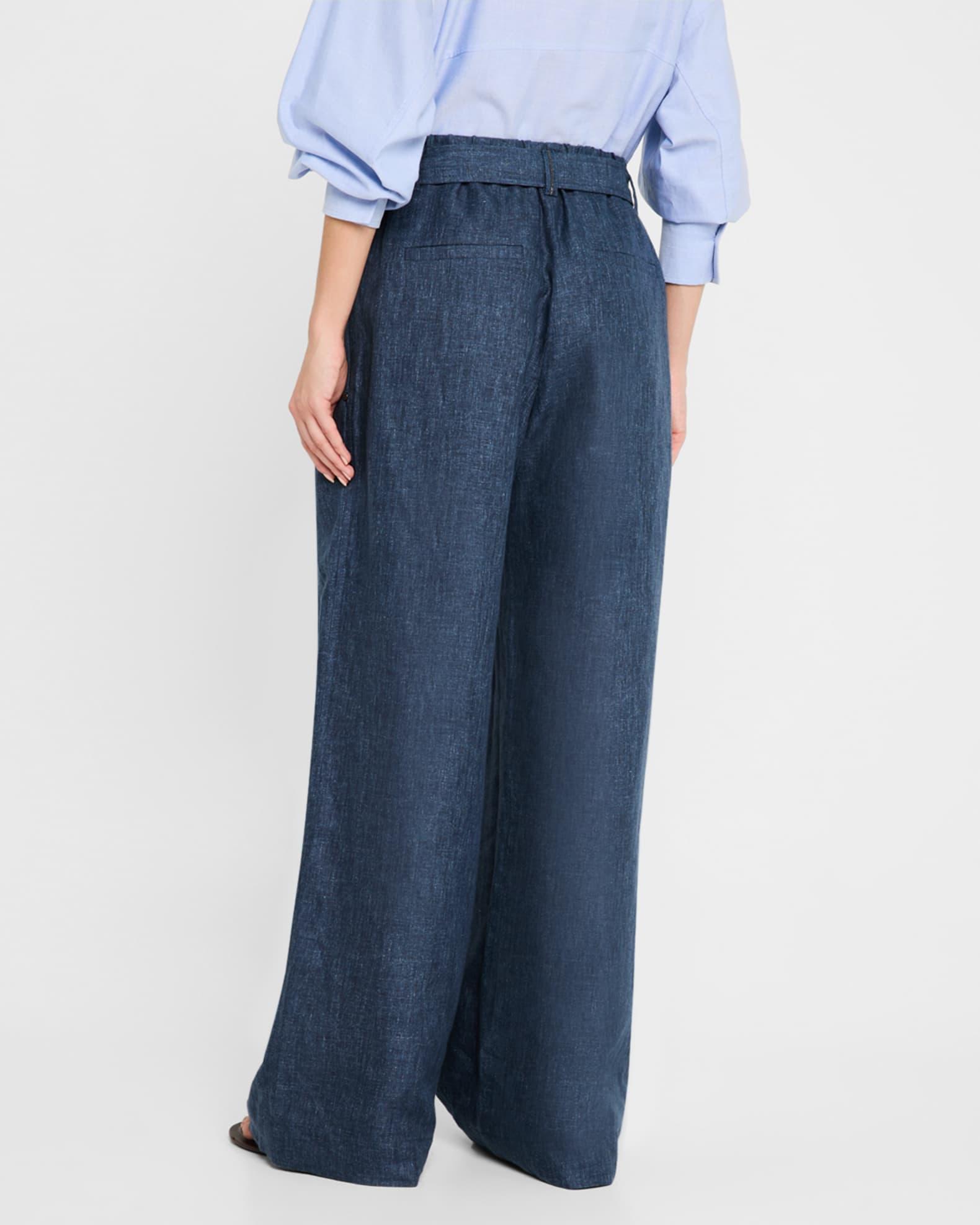 Denim-Effect Linen Wide-Leg Track Pants With Monili Belt Loop Product Image