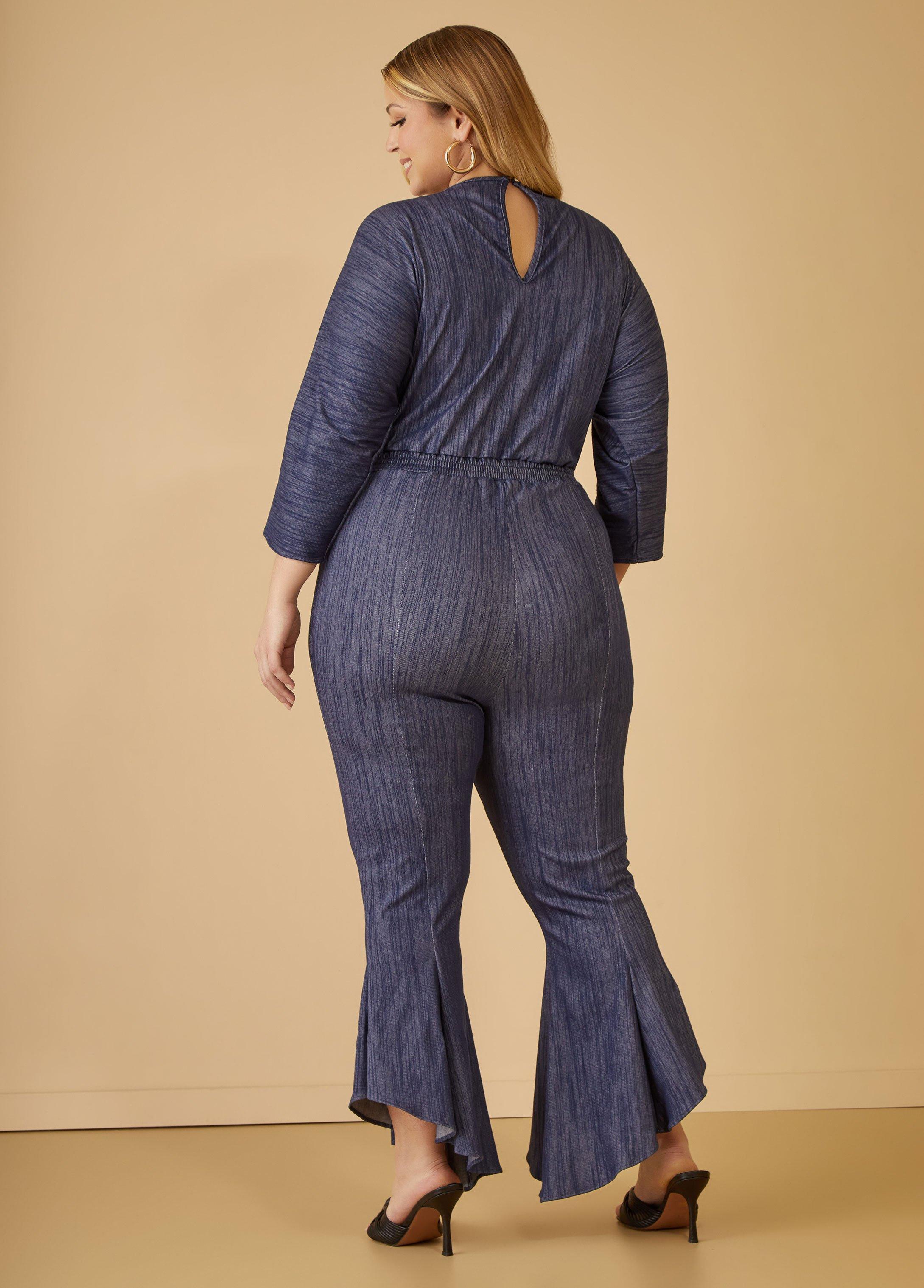 Textured Denim Kick Flare Jumpsuit Product Image