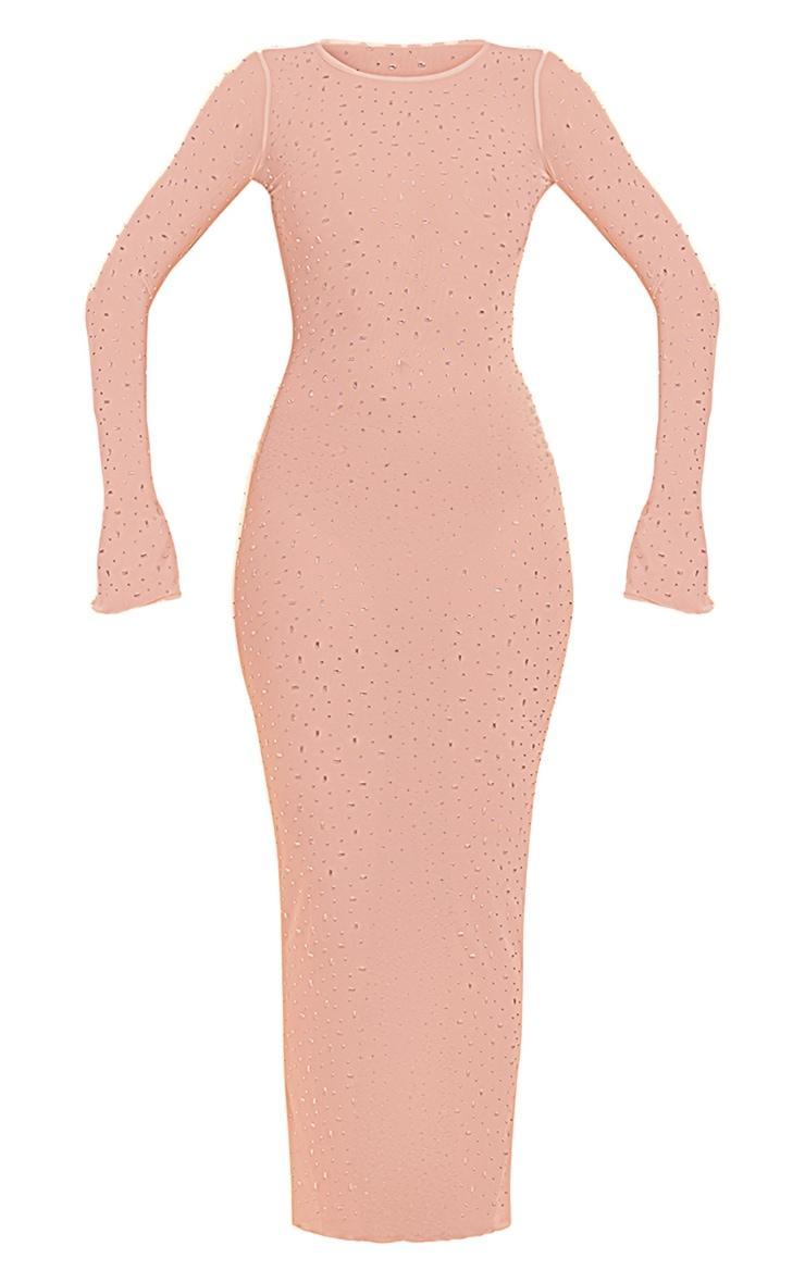 Nude Sheer Diamante Mesh Long Sleeve Maxi Dress Product Image