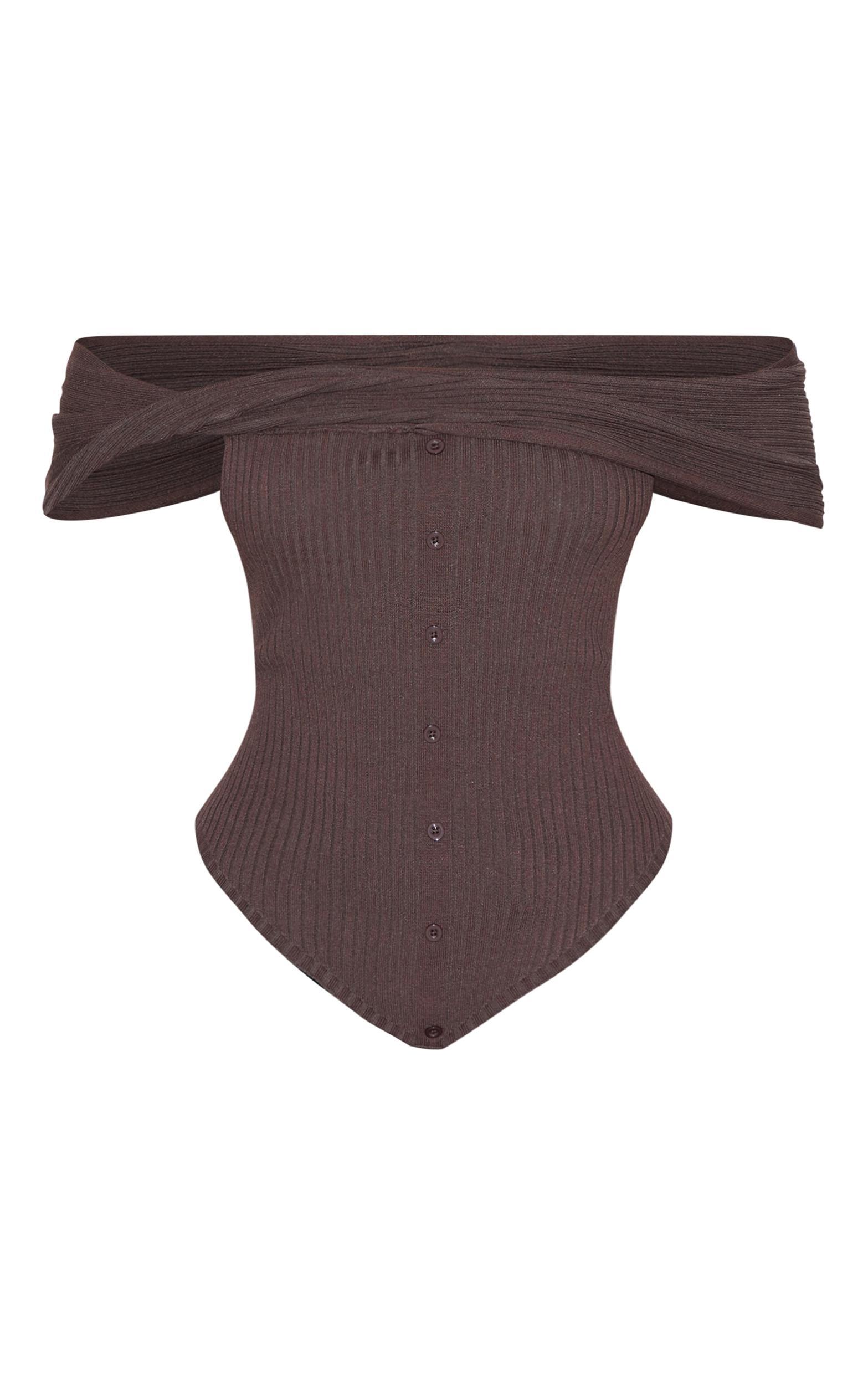 Chocolate Rib Knit Twist Bardot Button Through Top Product Image