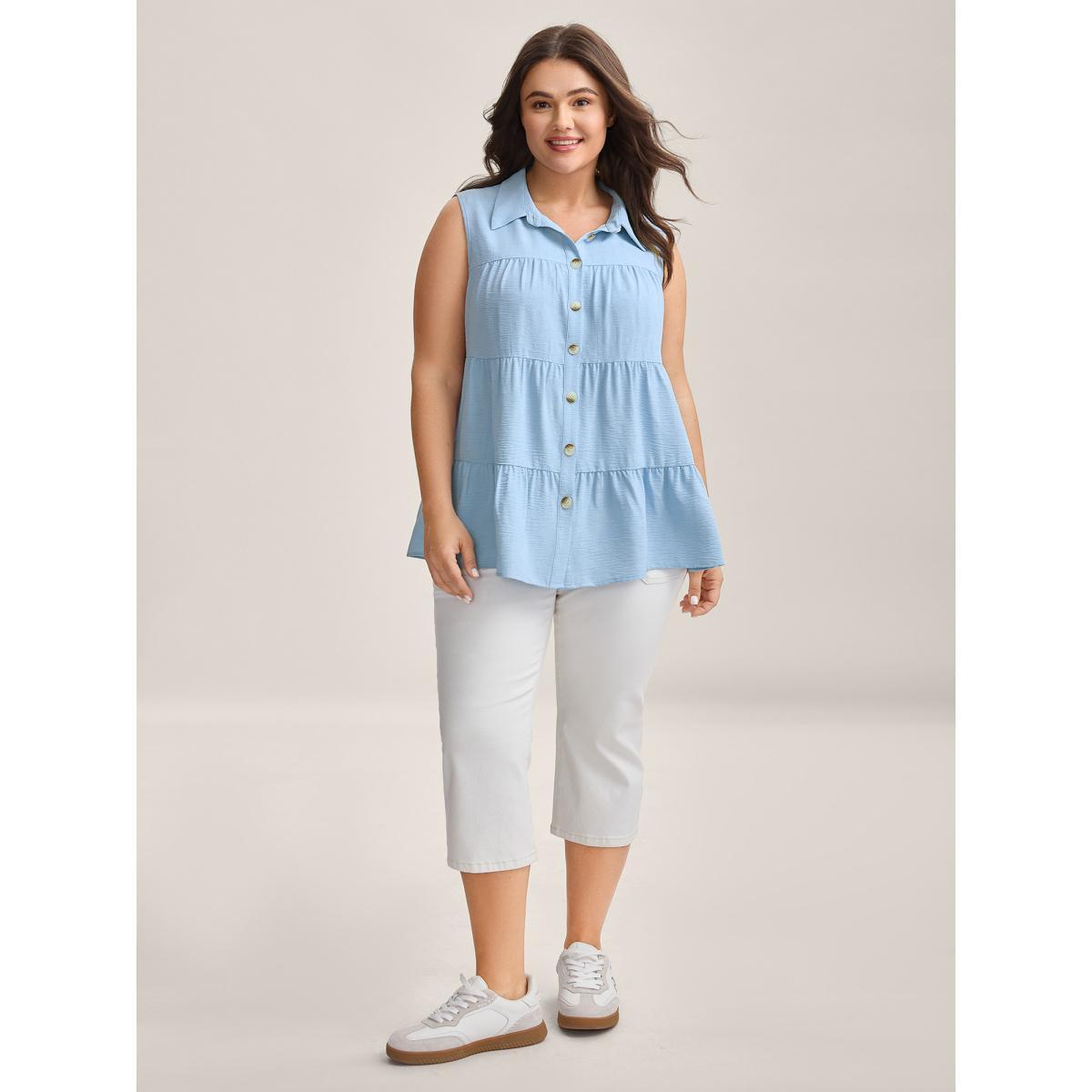 Plus Size Textured Button Placket Tiered Tank Top Women LightBlue Leisure Texture Shirt collar Casual Tank Tops Camis BloomChic 26/4X Product Image