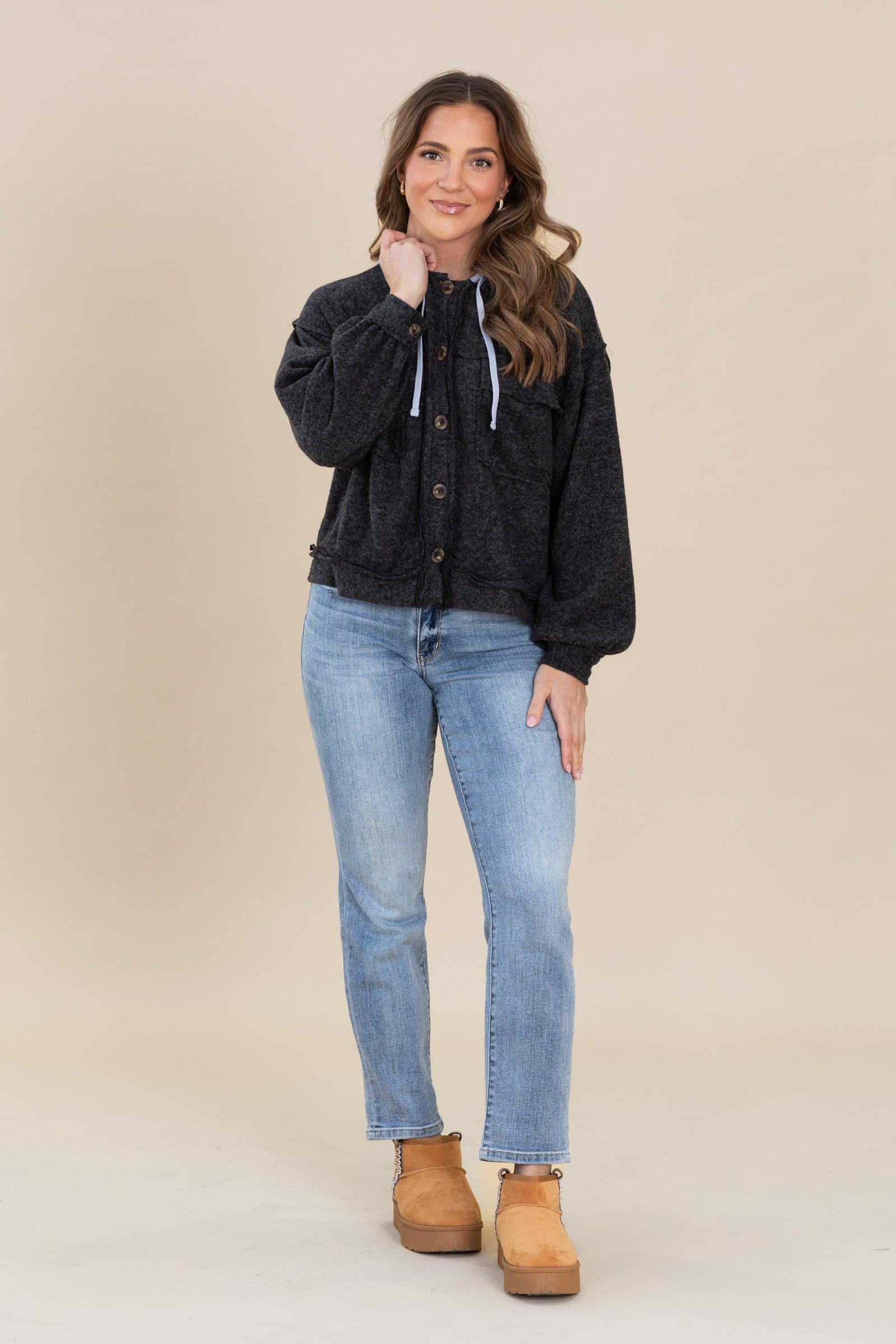 Brushed Hacci Hooded Button Down Shacket Product Image