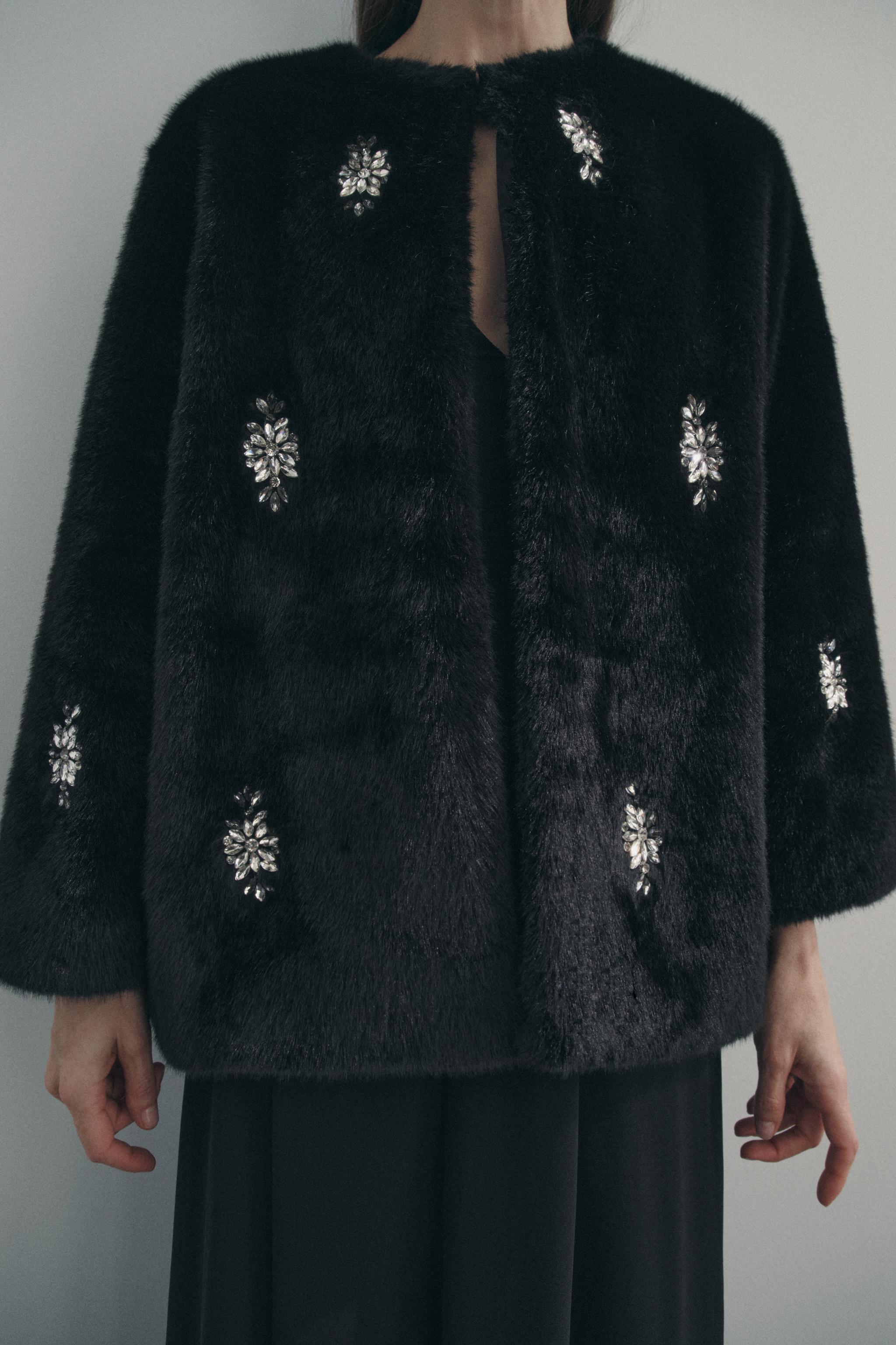 FAUX FUR JEWEL BEADING COAT Product Image