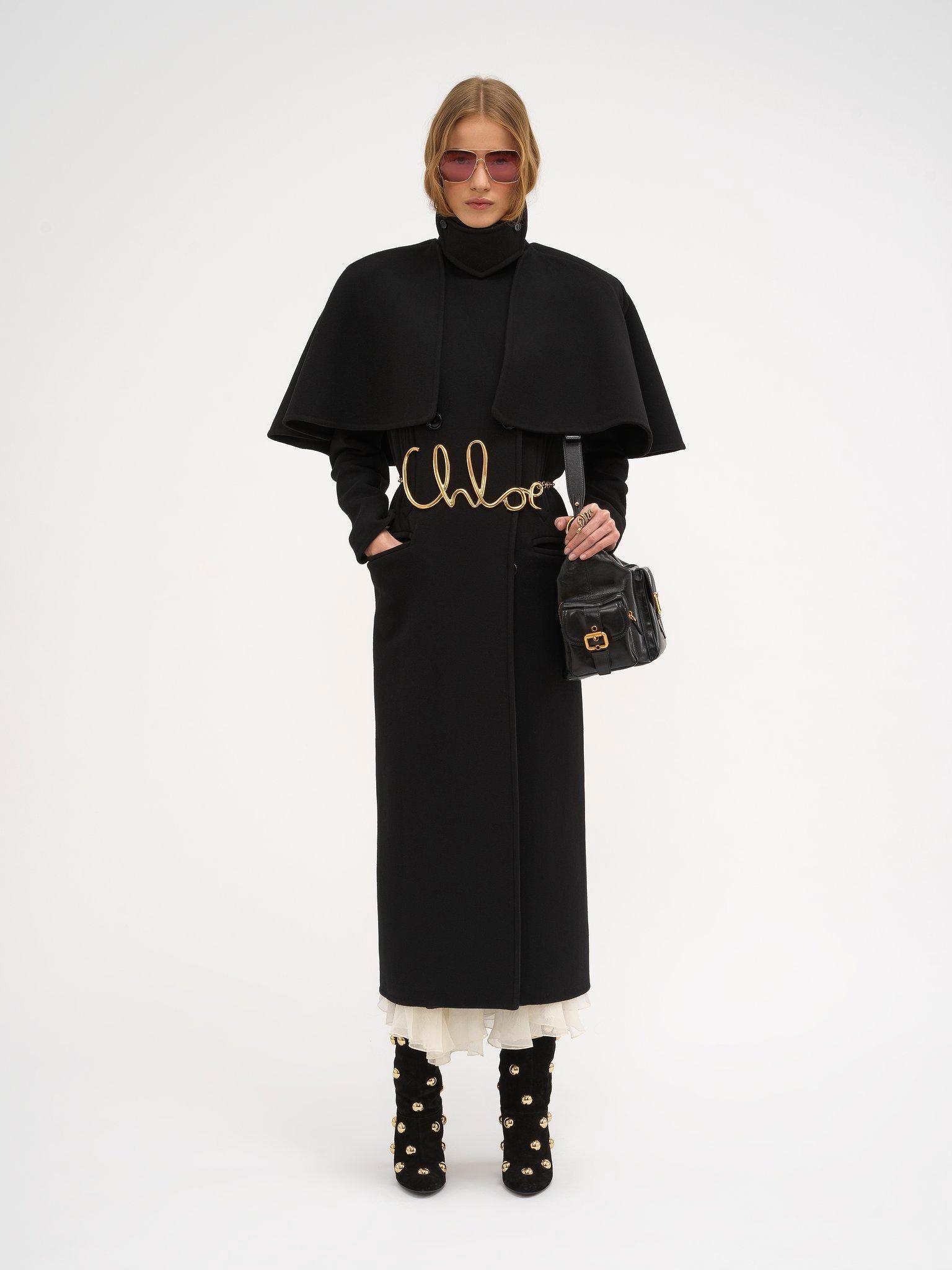 Long coat in double-face wool with cape Product Image