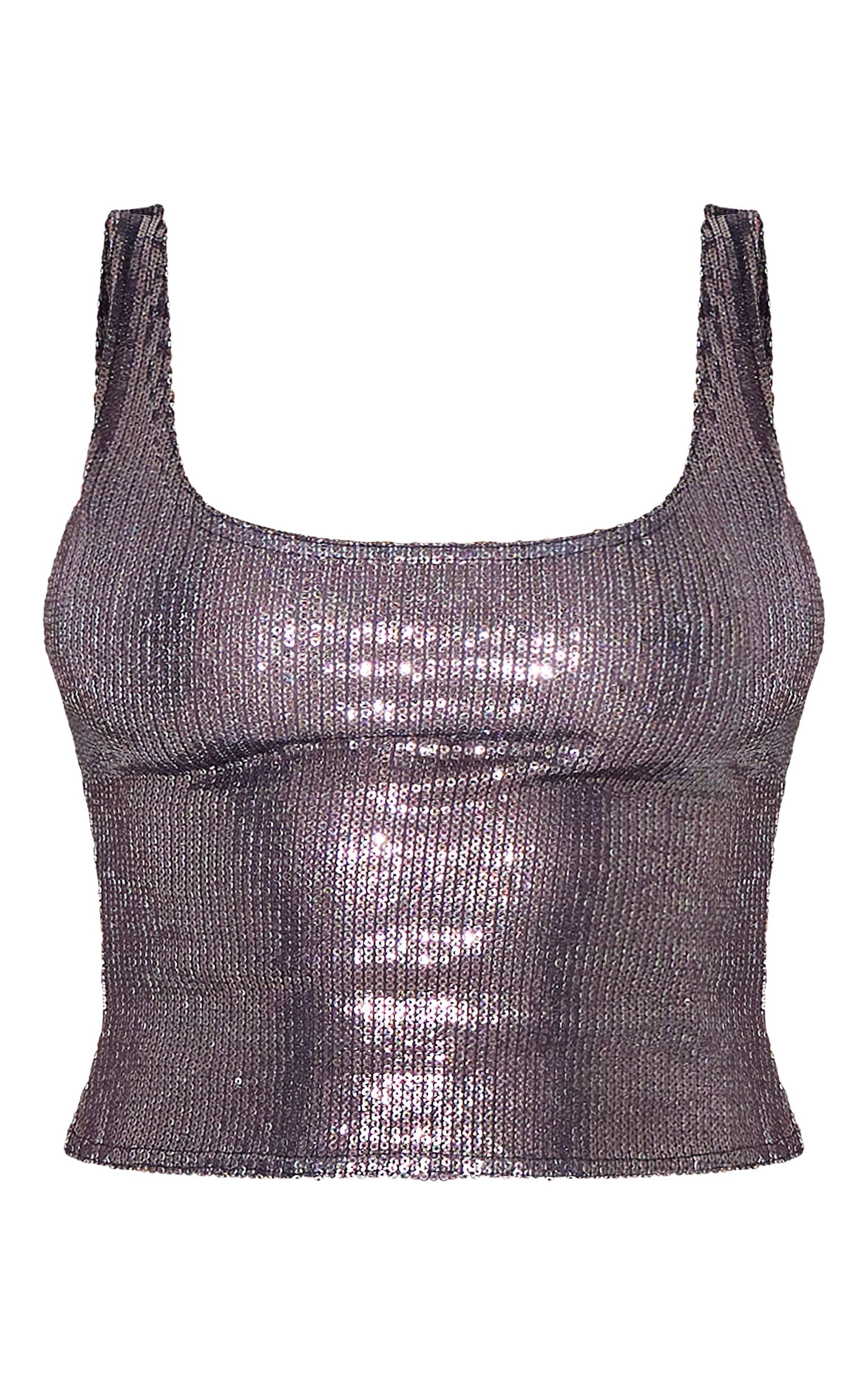 Black Sequin Scoop Neck Long Top Product Image