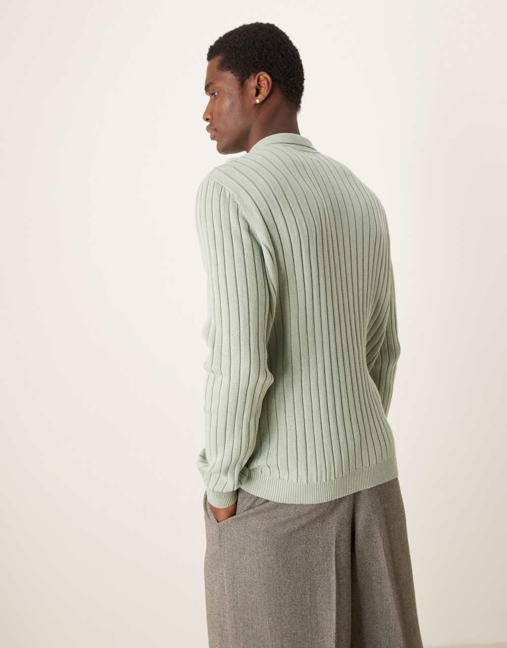 ASOS DESIGN essential knitted rib quarter zip polo sweater in light green Product Image