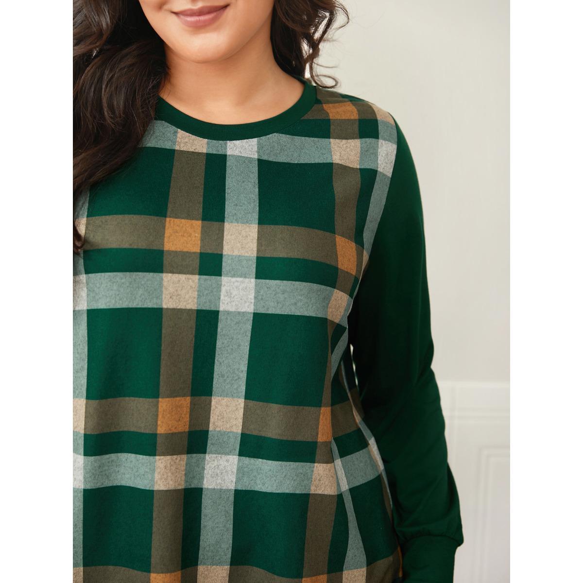 Plus Size Plaid Patchwork Solid Long-Sleeves Tee DarkGreen Women Casual Contrast Round Neck Everyday T-shirts BloomChic 10/M Product Image