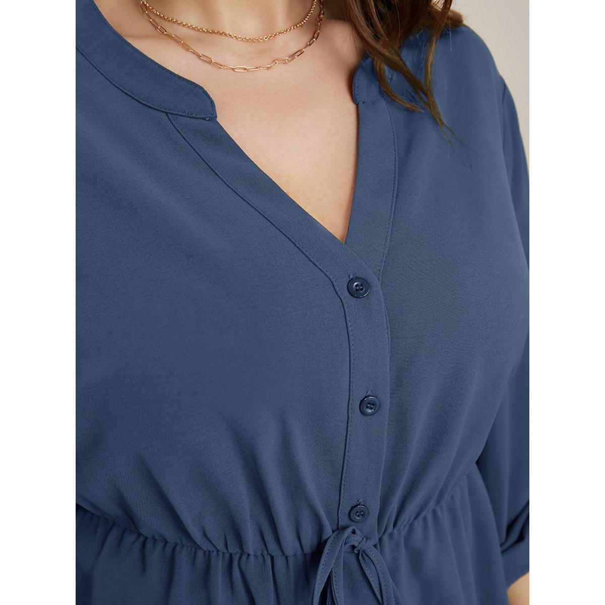 Plus Size Stone Plain Knotted Cuffed Sleeve Ruffles Asymmetrical Hem Blouse Women Office Elbow-length sleeve Shirt collar Work Blouses BloomChic 10/M Product Image