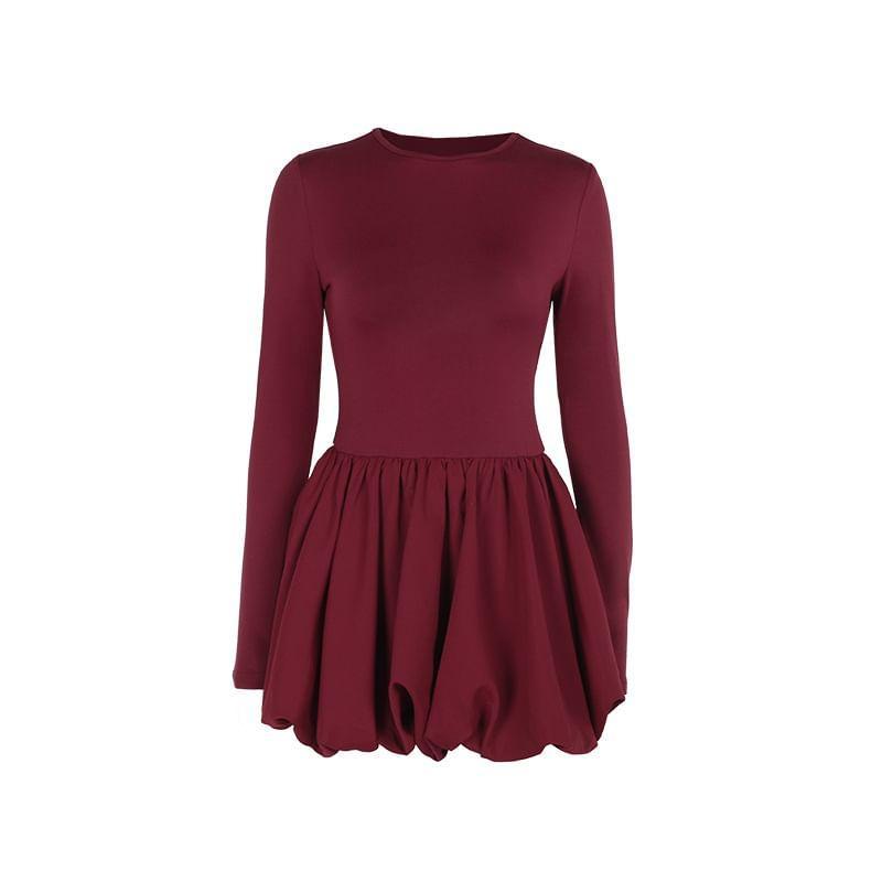 Long Sleeve Plain Slim-Fit Mini Bubble Dress Product Image