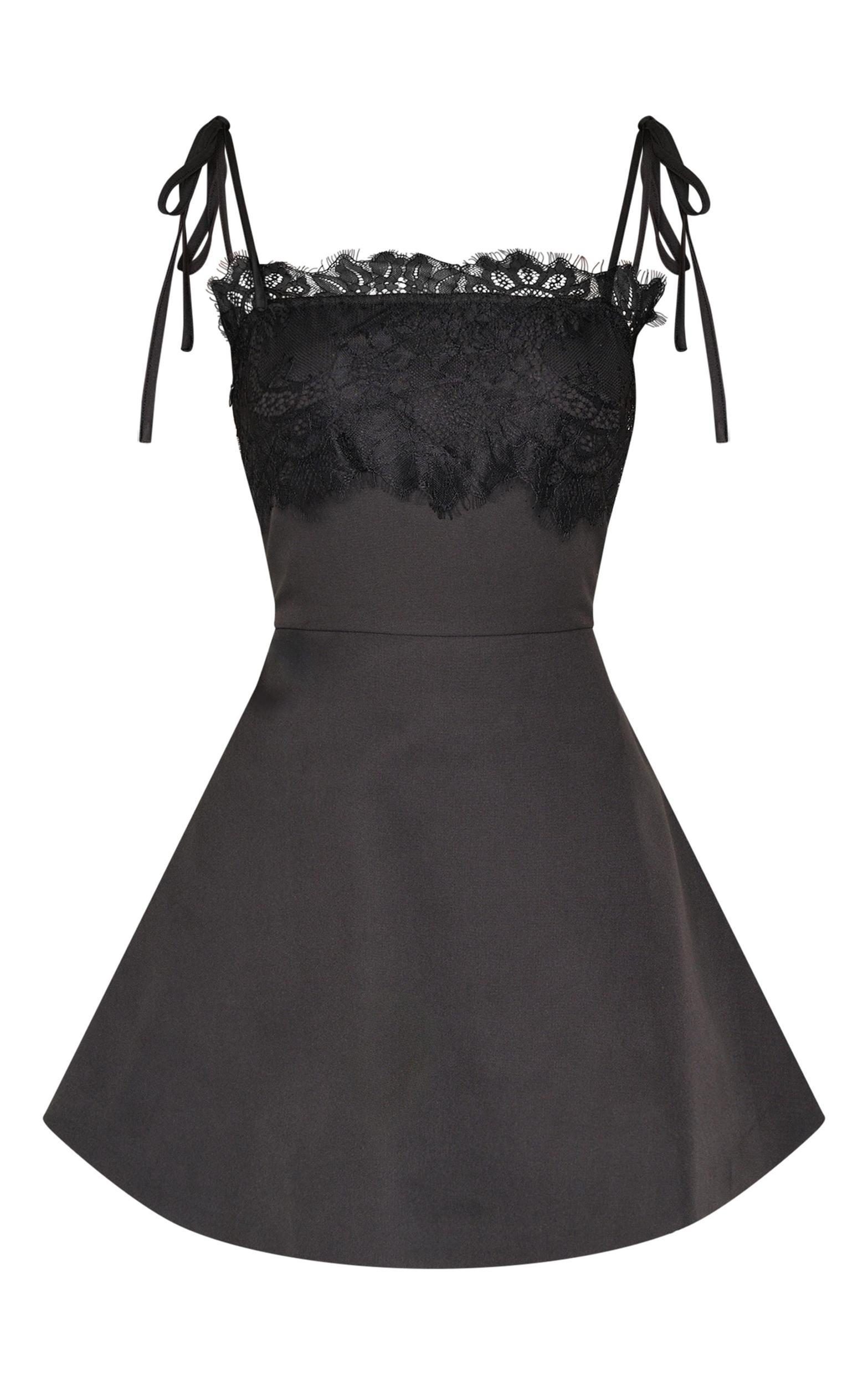 Black Woven Lace Detail Tie Strap A Line Shift Dress Product Image
