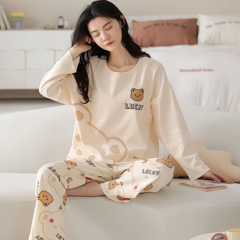 Loungewear Set : Long-Sleeve Bear Print Padded T-Shirt + Pants Product Image