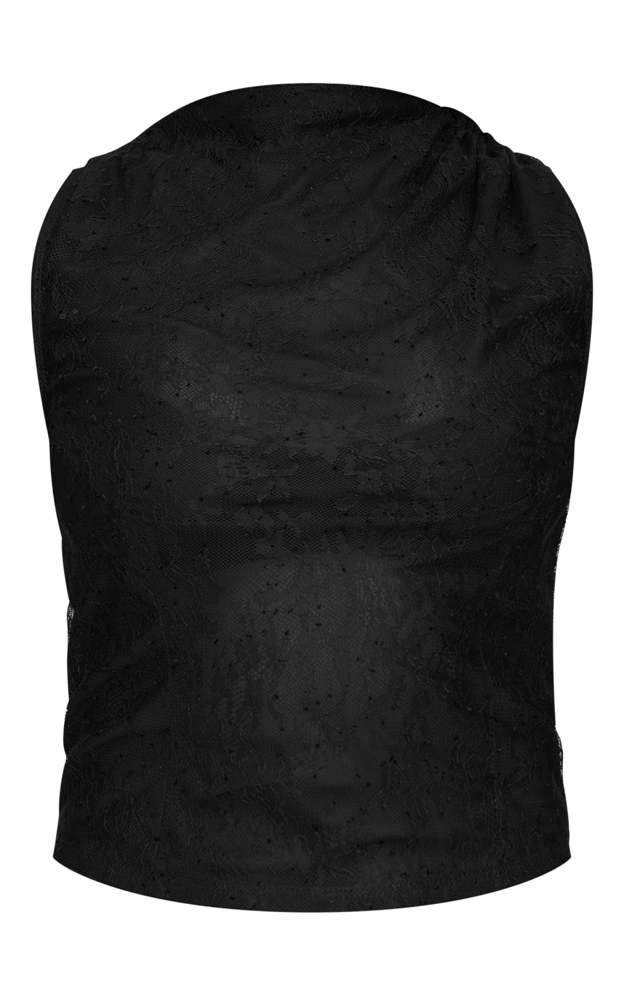 Black Lace Ruched Shoulder High Neck Top Product Image