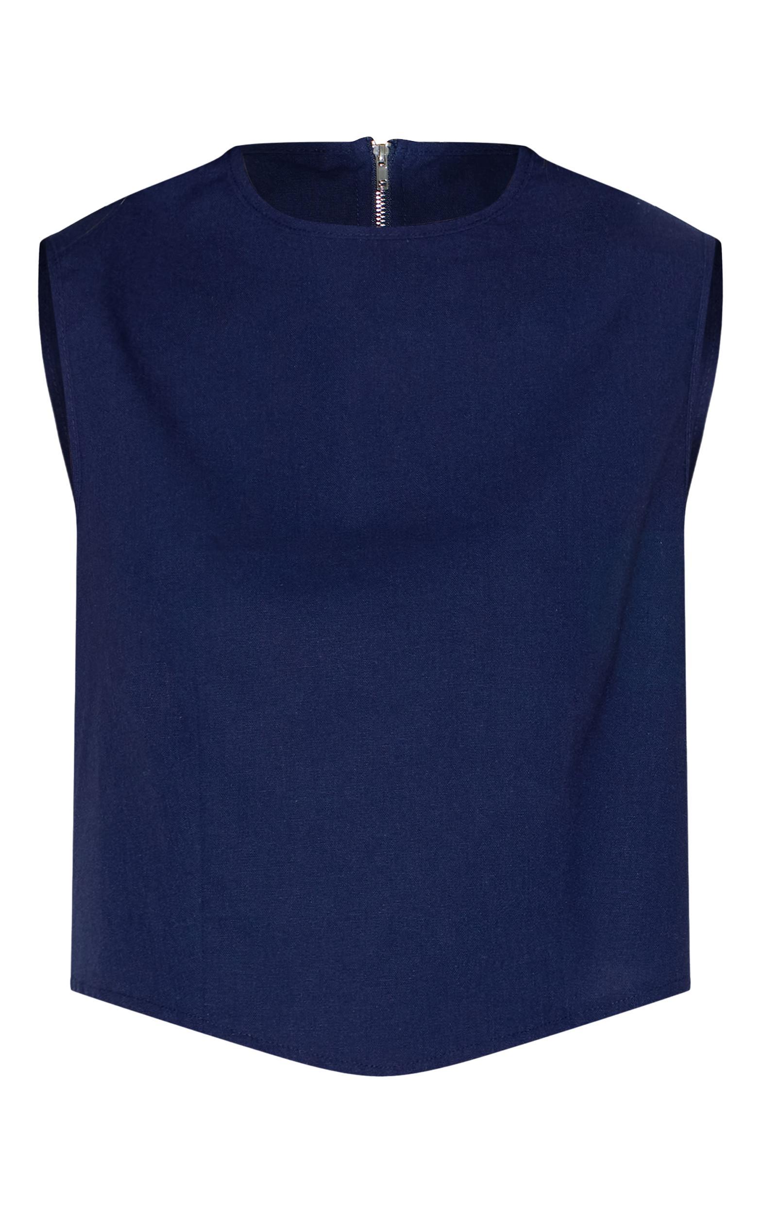 Navy Linen Look Boxy Pointed Hem Top Product Image