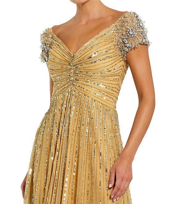 Mac Duggal Sequin Mesh V-Neck Beaded Shoulder A-Line Gown Product Image