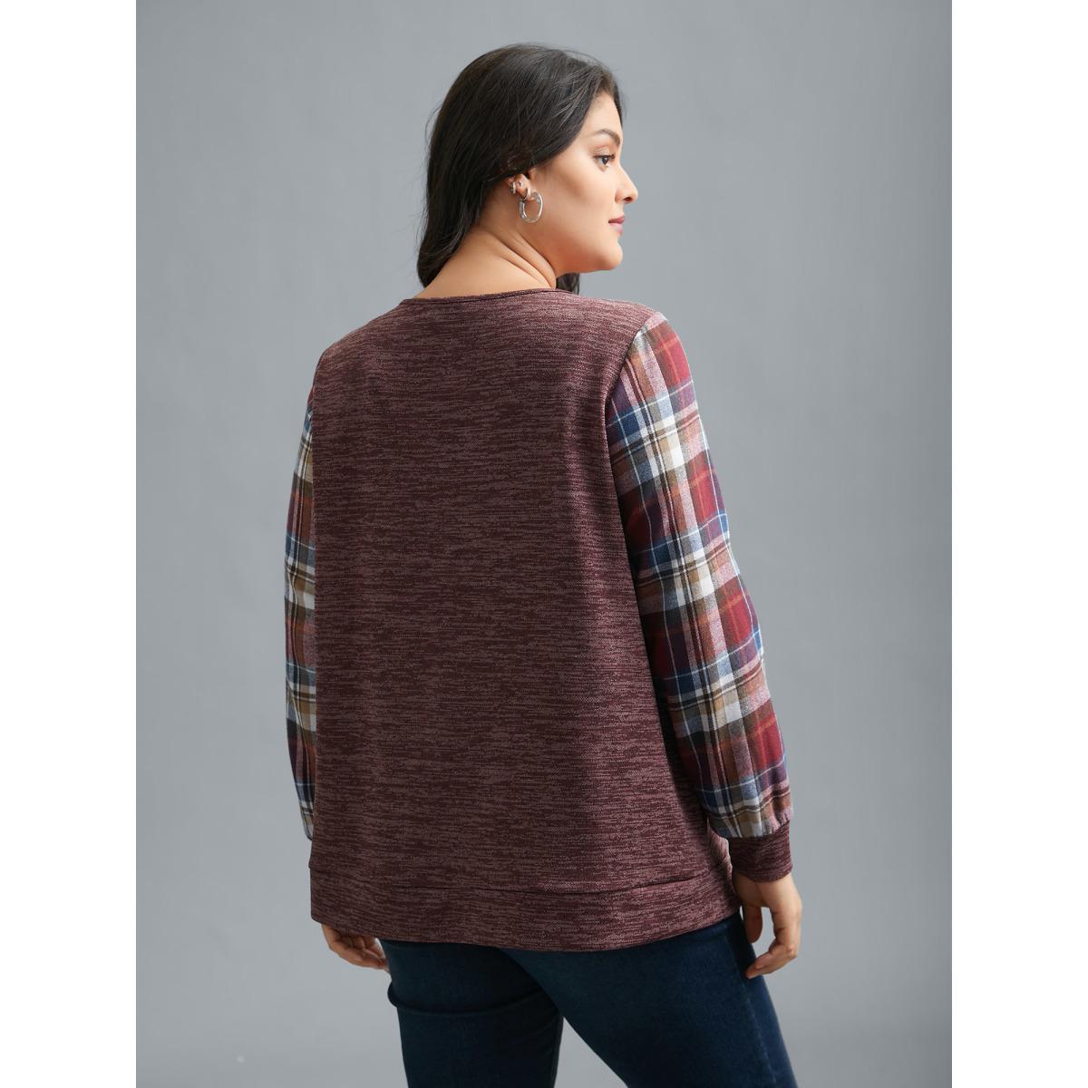 Plus Size Plaid Sleeve Button Up Patchwork Sweatshirt Women Burgundy Casual Contrast Notched collar Everyday Sweatshirts BloomChic 26/4X Product Image