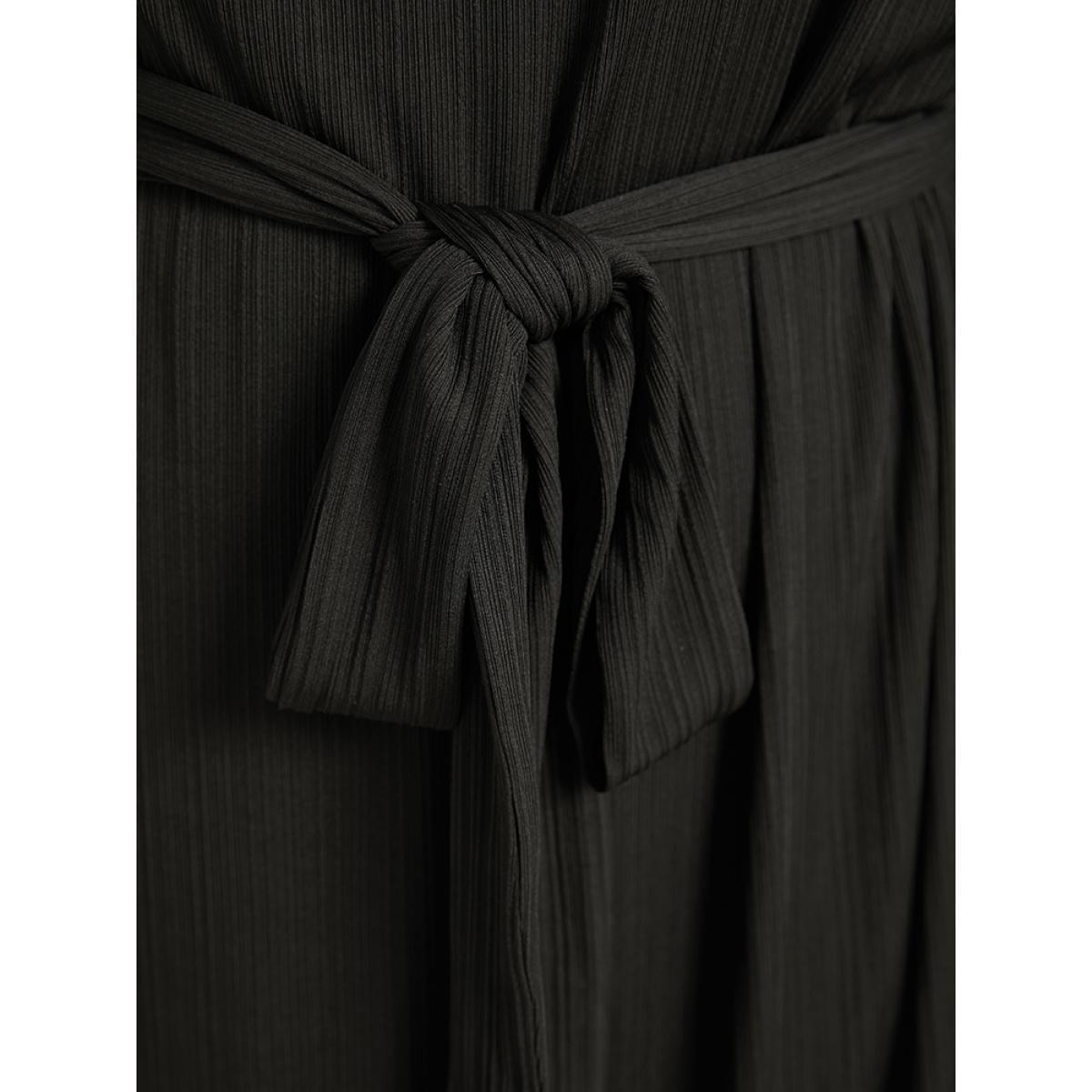 Plus Size Rib Knit Solid Pocket Pleated Belted Dress Black Women Casual Plain Round Neck Long Sleeve Curvy Midi Dress BloomChic 10/M Product Image