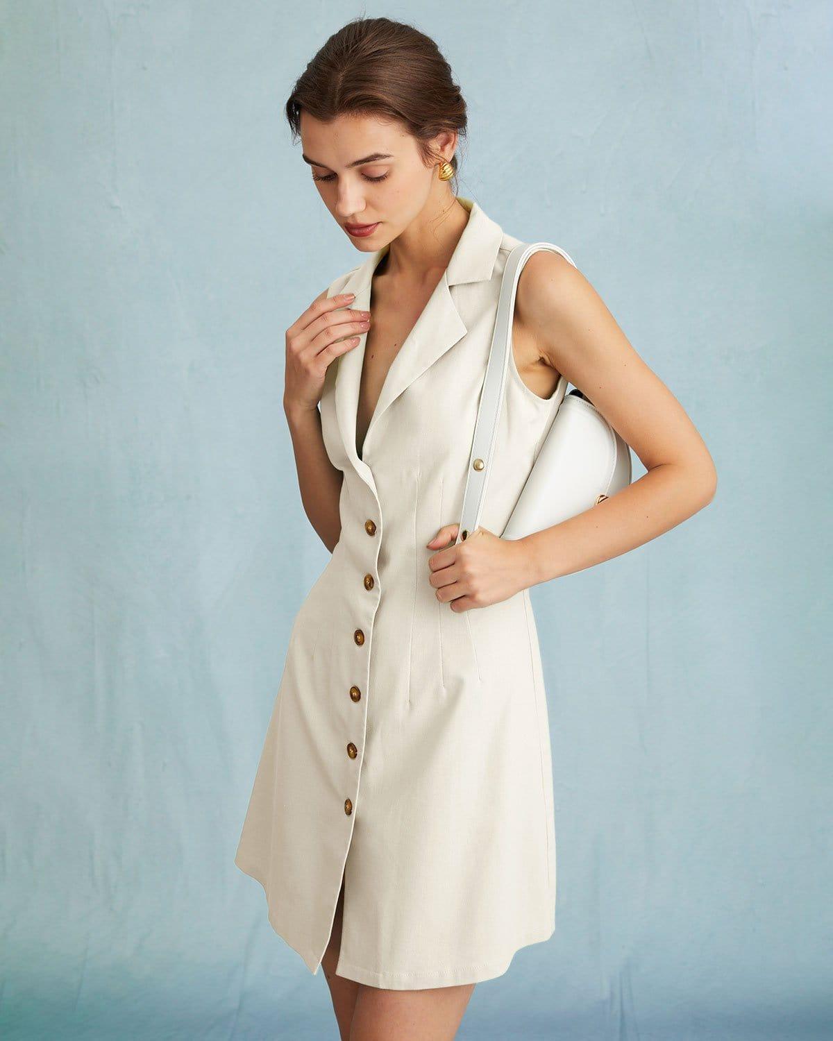 The Beige Lapel Button-up Sleeveless Mini Dress Product Image
