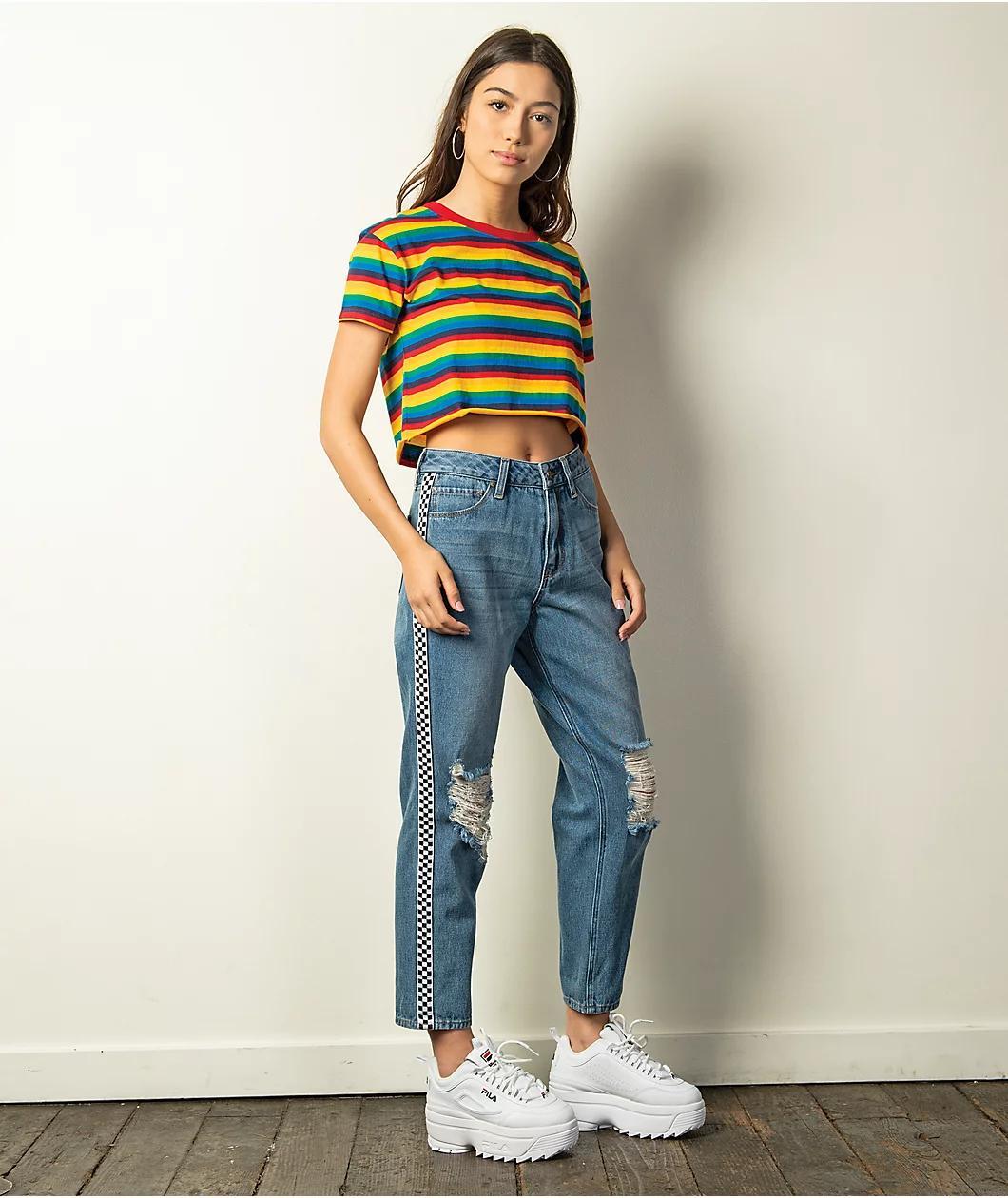 Empyre Eileen Checkered Striped Light Wash Mom Jeans Product Image