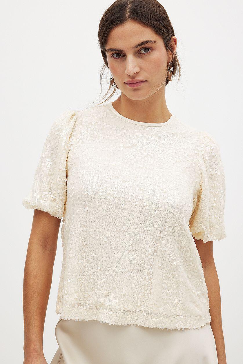 Puff Sleeve Sequin Top Beige Product Image