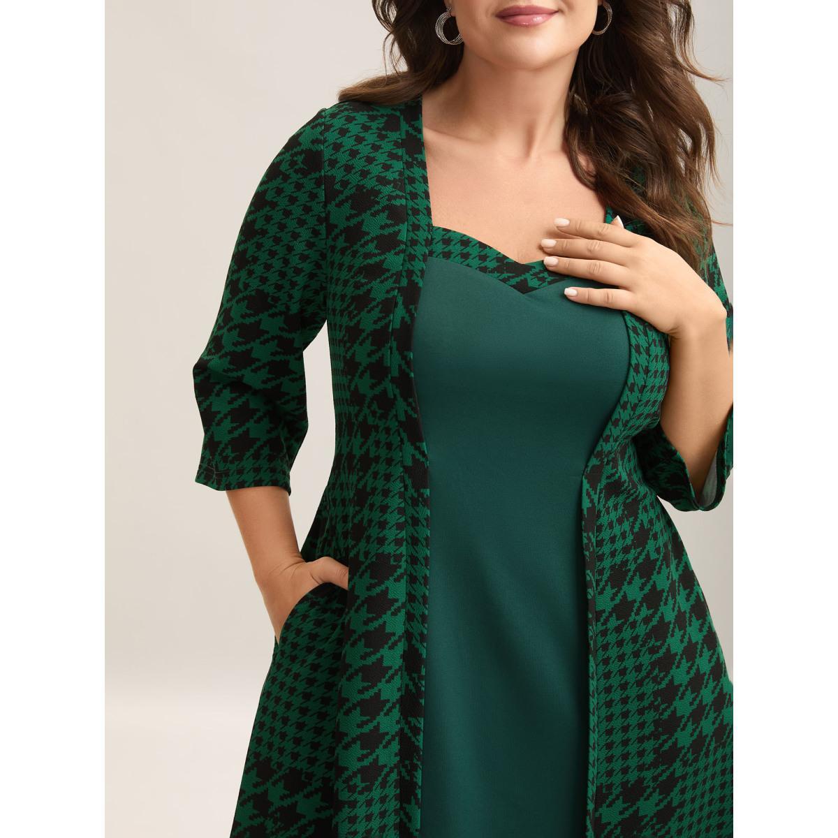 Plus Size Houndstooth Print Waist-Cinched Patchwork Midi Dress DarkGreen Women Office Patchwork Knit Dresses Bloomchic 10/M Product Image