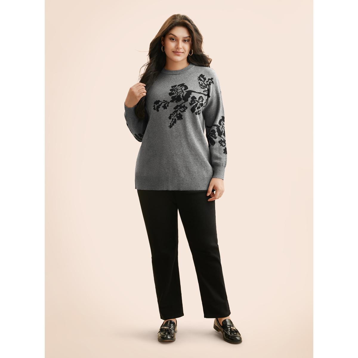 Plus Size Supersoft Essentials Jacquard Drop Shoulder Pullover DimGray Women Casual Loose Long Sleeve Round Neck Everyday Pullovers BloomChic 28/5X Product Image