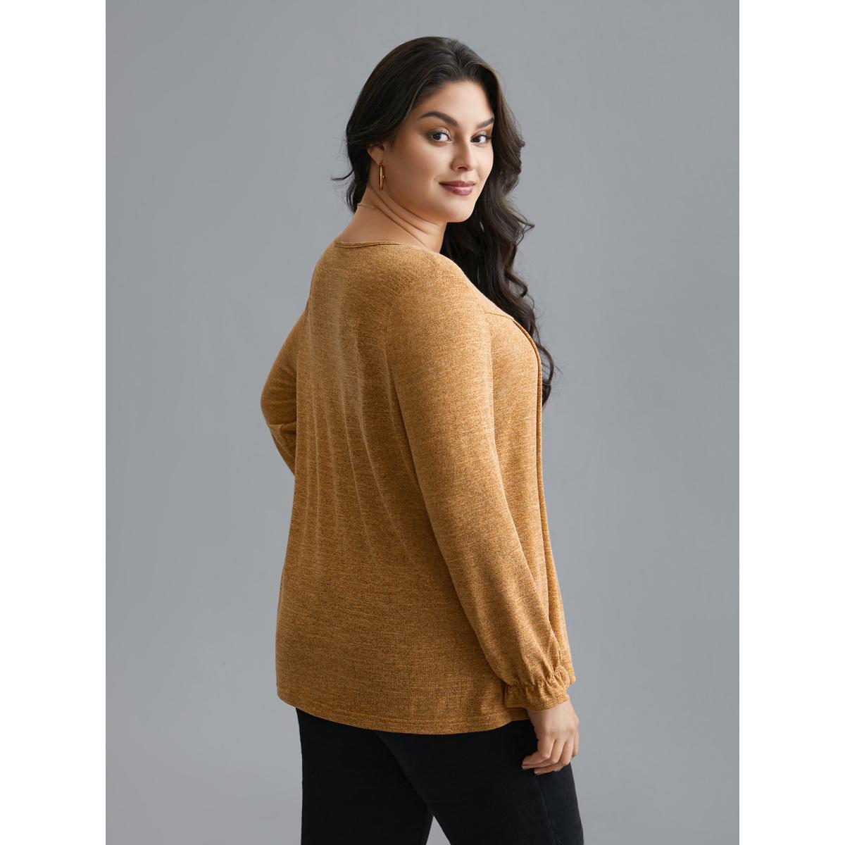 Plus Size Round Neck Heather Pleated T-shirt Turmeric Women Elegant Pleated Round Neck Loose Everyday T-shirts BloomChic 18-20/2X Product Image