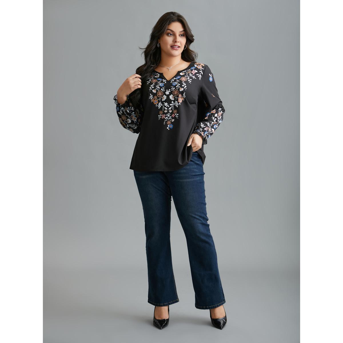 Plus Size Black Floral Puffy Sleeve V-Neck Blouse Women Elegant Long Sleeve Notched collar Everyday Blouses BloomChic 22-24/3X Product Image
