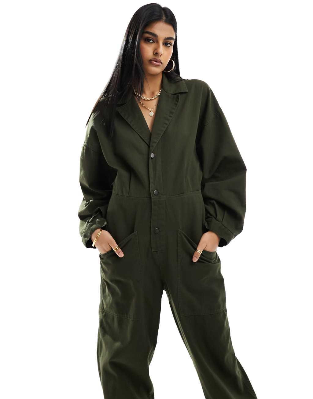 ASOS DESIGN collared boilersuit with button detail leg in khaki Product Image