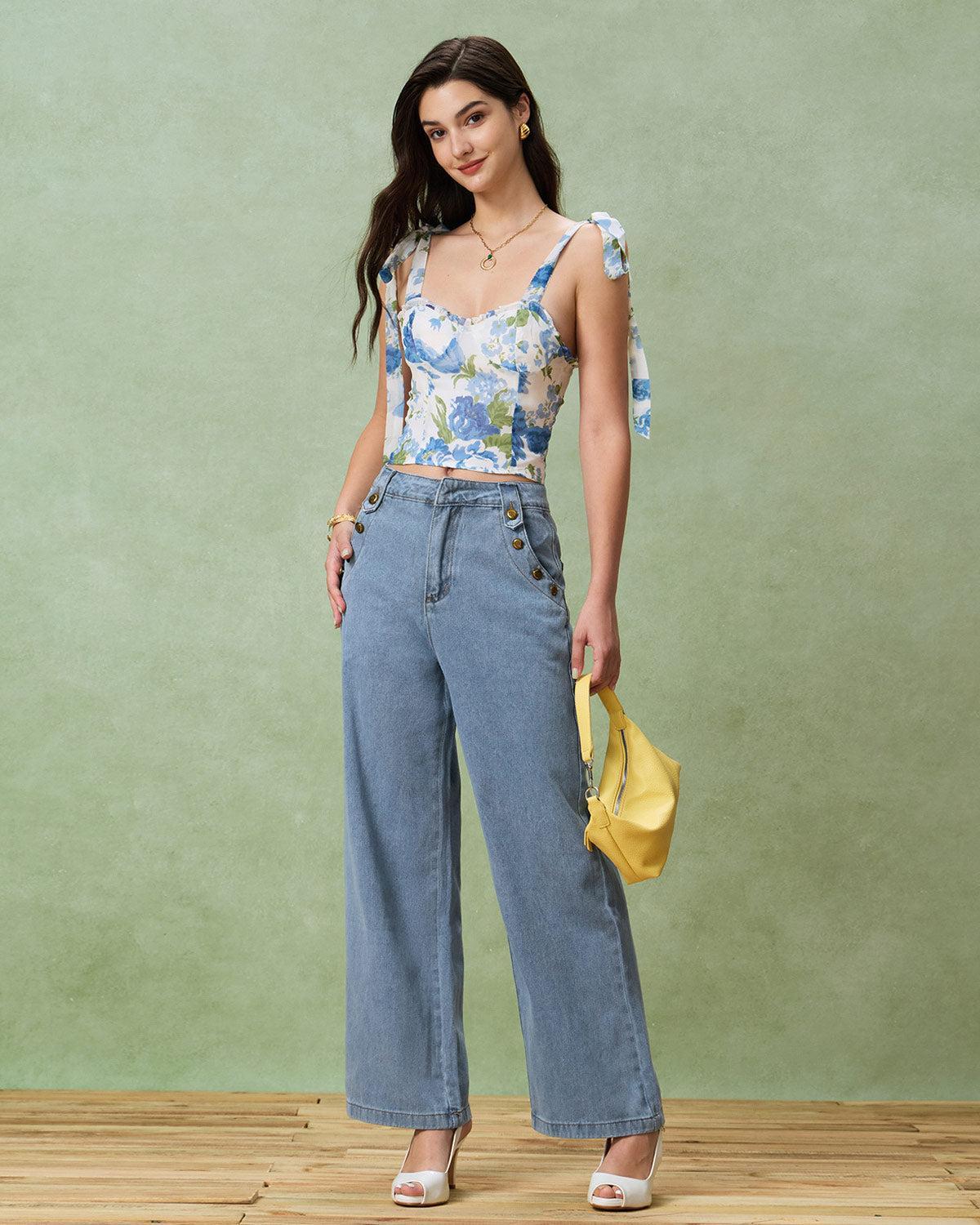 Blue Floral Bohemian Cropped Camis Product Image